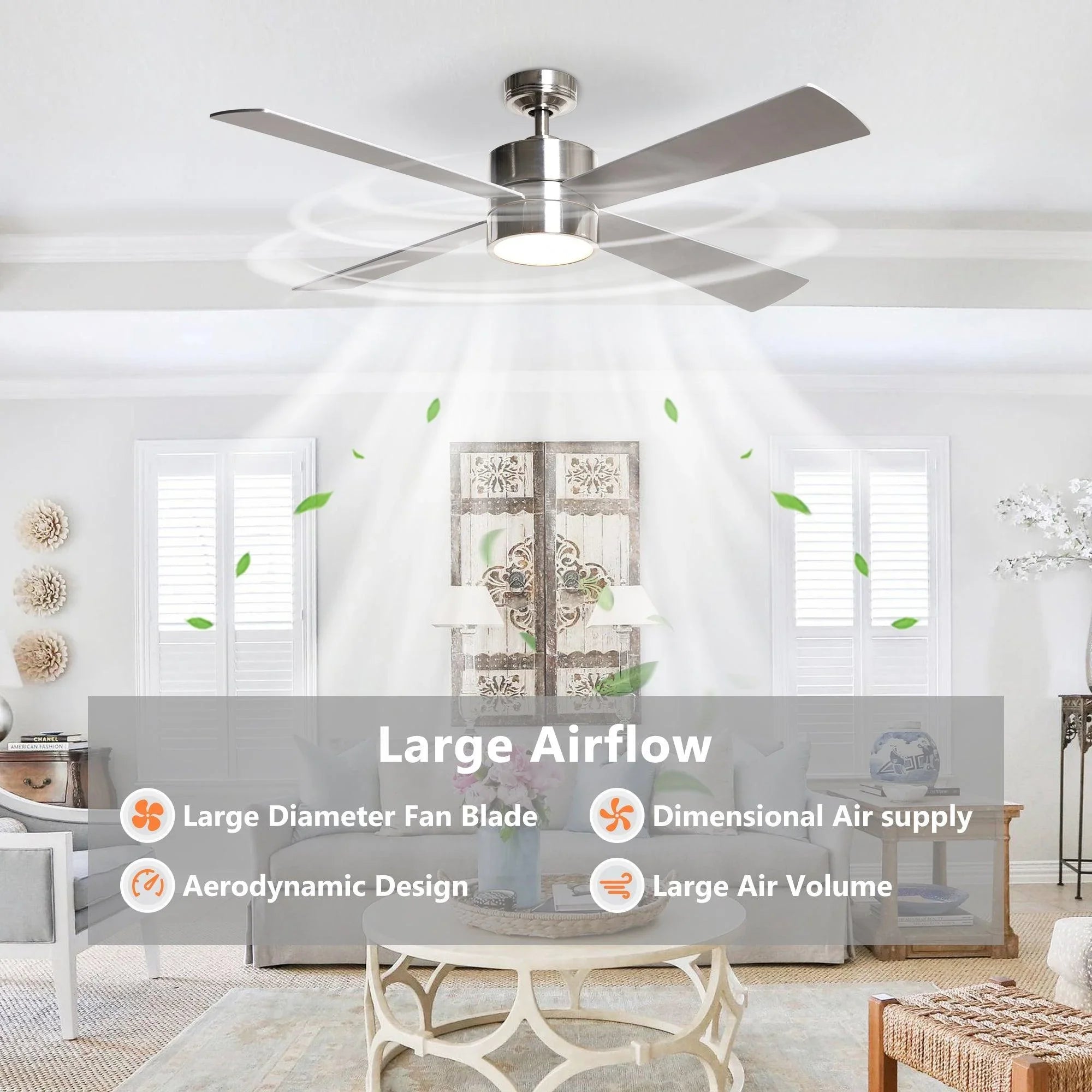 Chrome ceiling fan with 5 blades and integrated LED light for high airflow