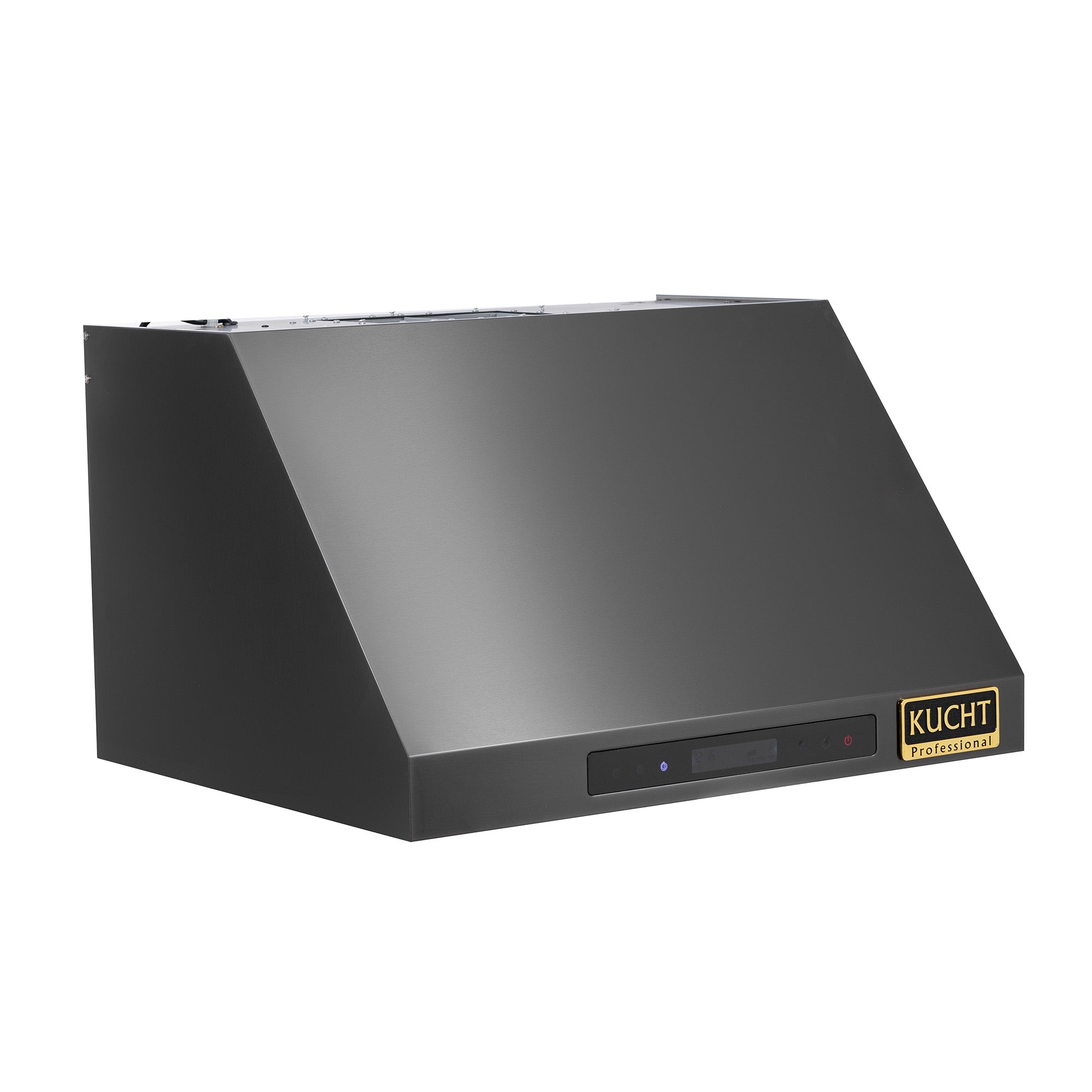 Dark titanium under-cabinet range hood with side view and front control strip.
