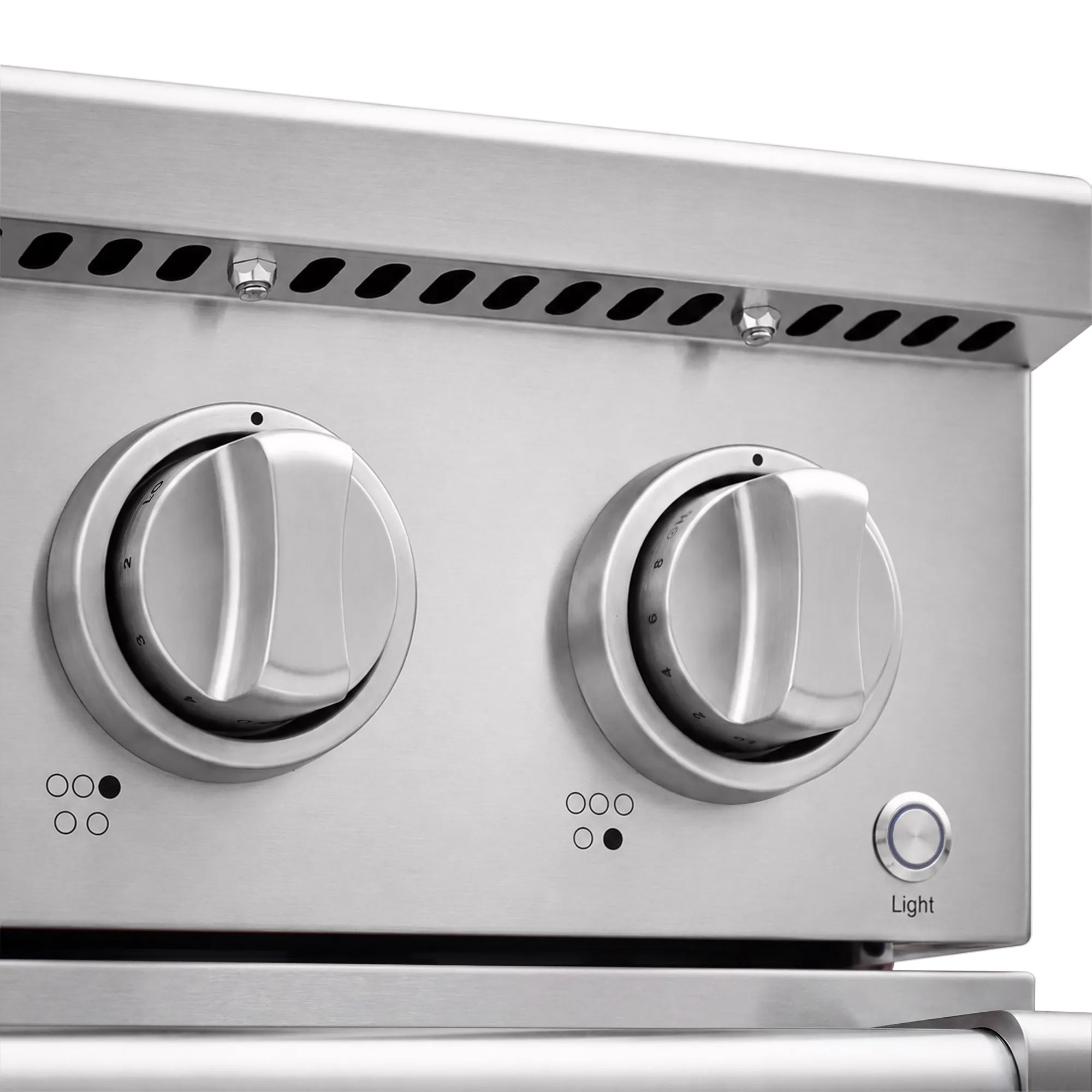 Two large control knobs on the stainless steel electric range with “Light” control