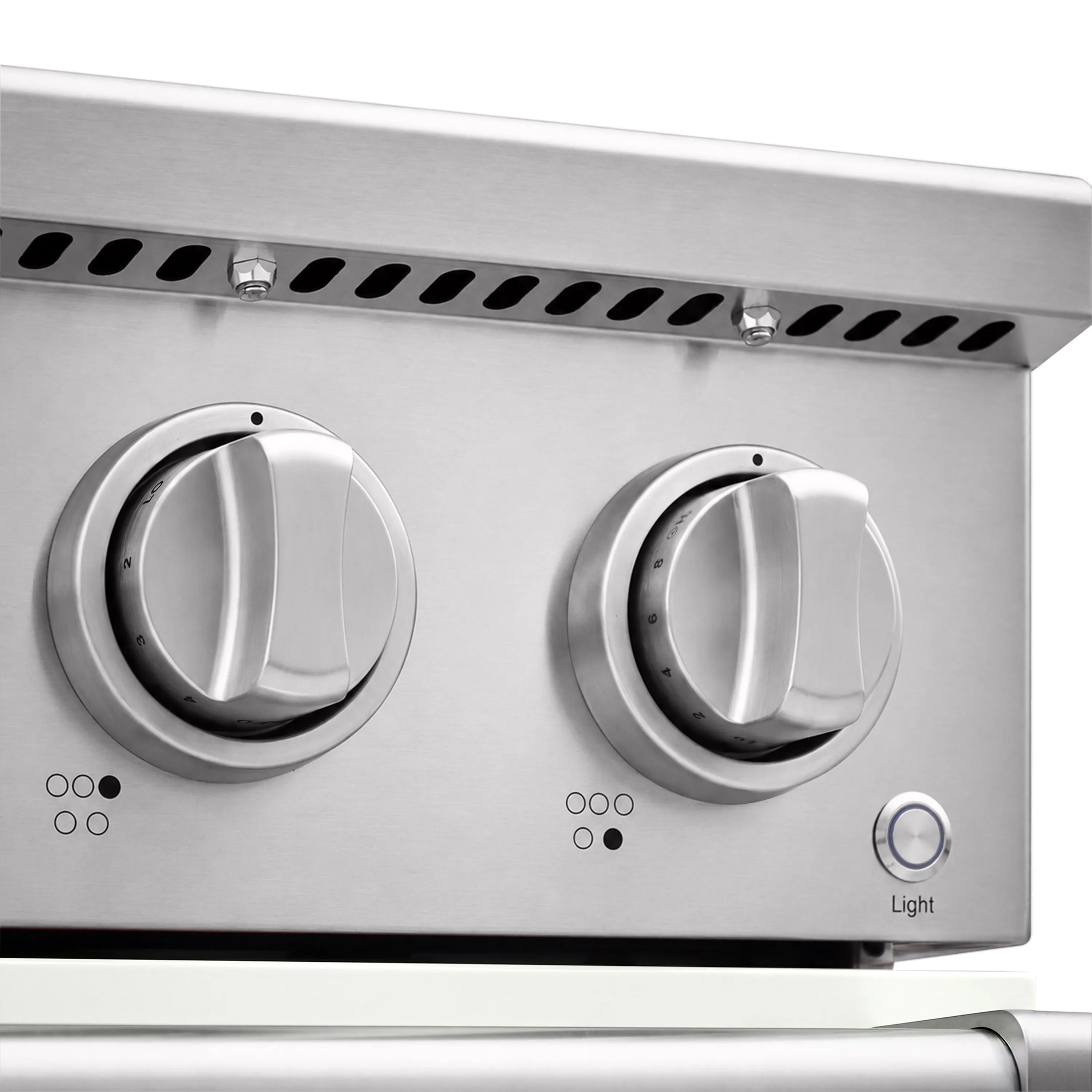 Electric range control knobs with Light button, stainless steel front