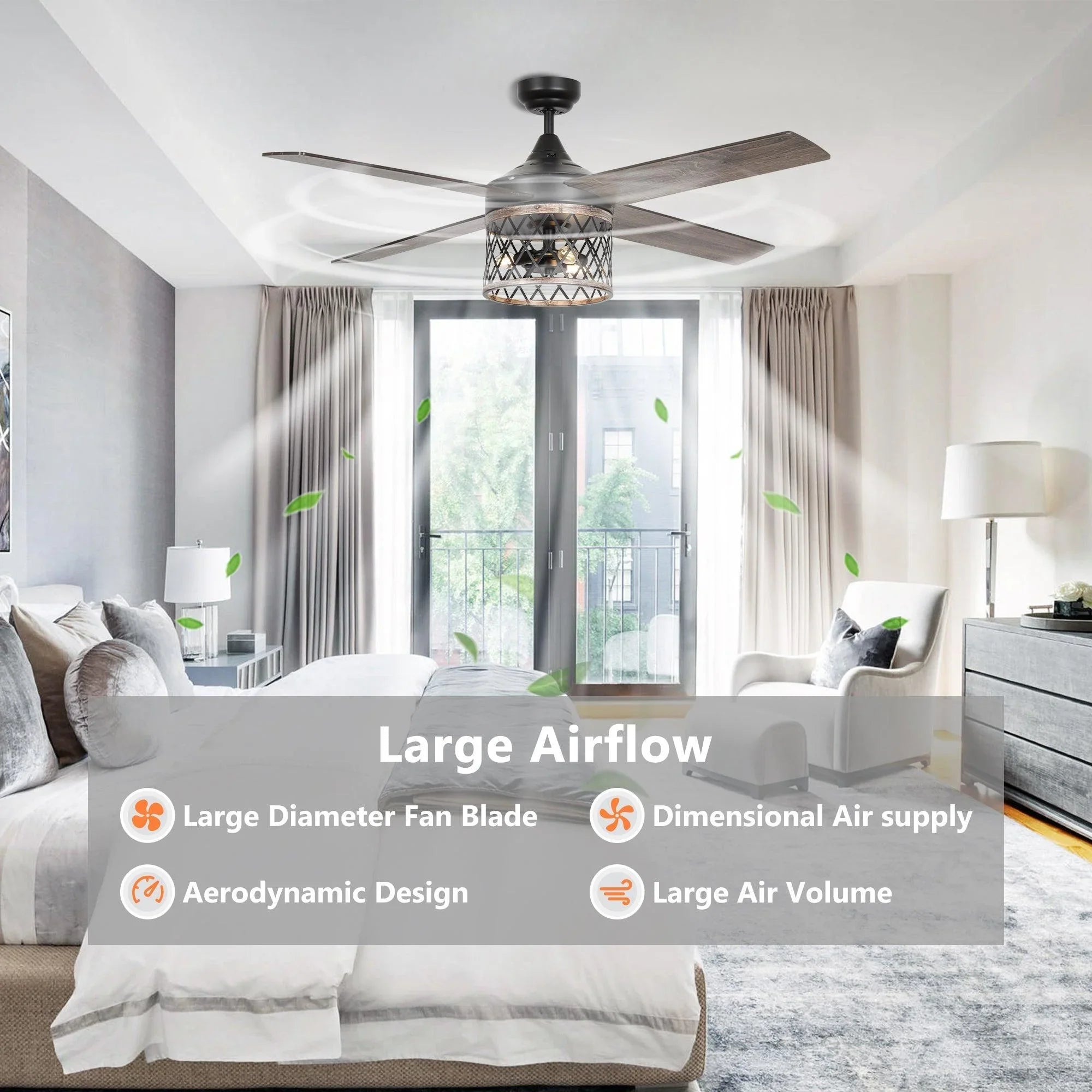 Black farmhouse ceiling fan with integrated light and five wood-grain blades in living room