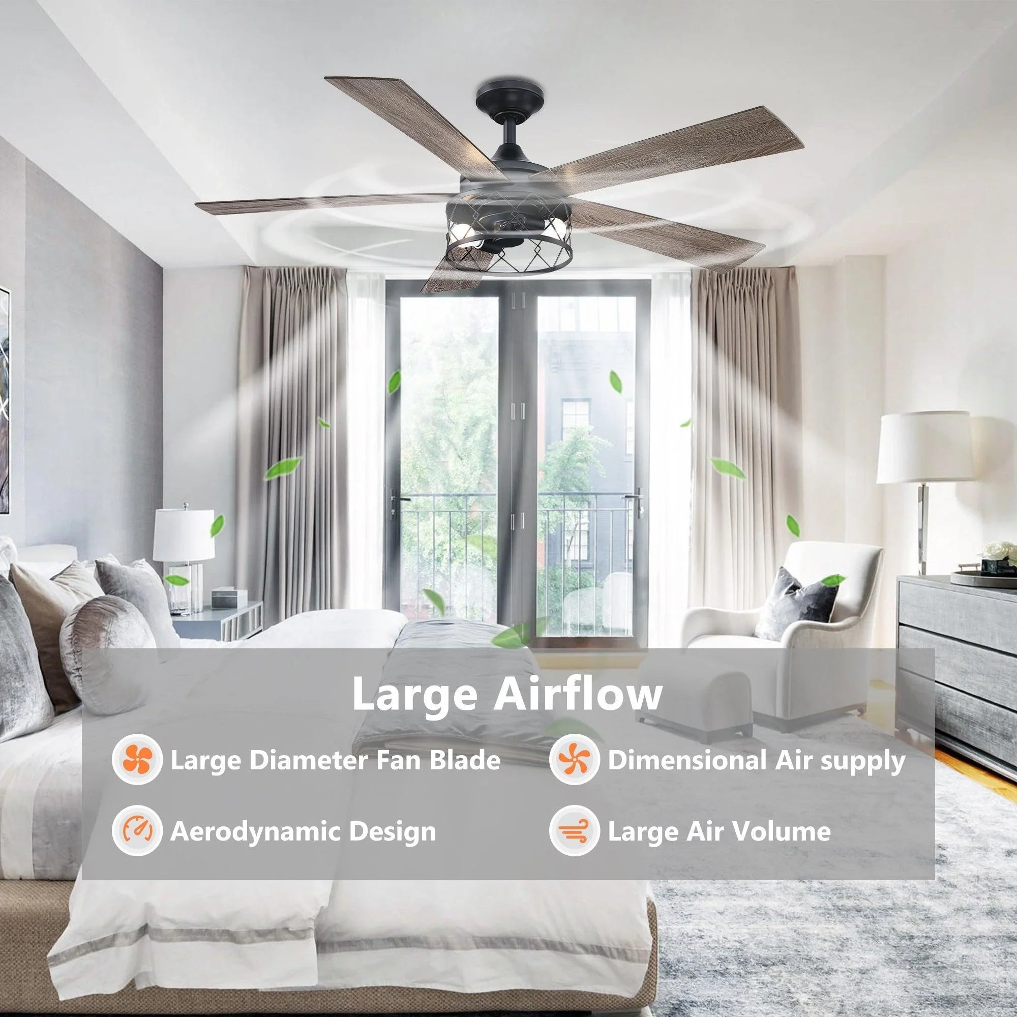 Black five-blade ceiling fan with reversible wood-tone blades