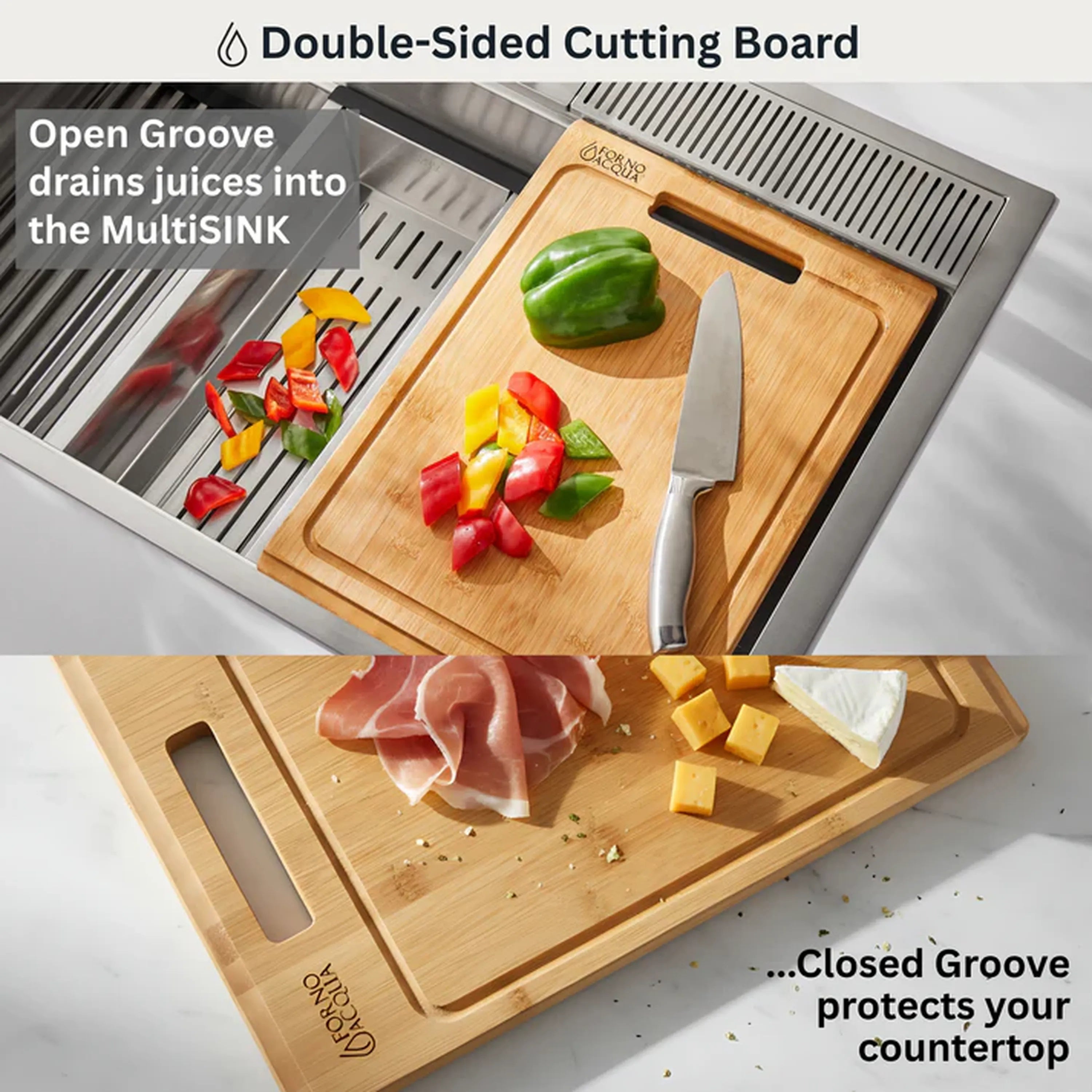 Multi-level sink with built-in wooden double-sided cutting board and draining grooves
