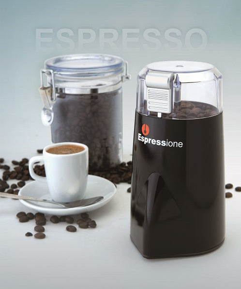 Black coffee bean grinder with clear lid and silver dial, Espressione