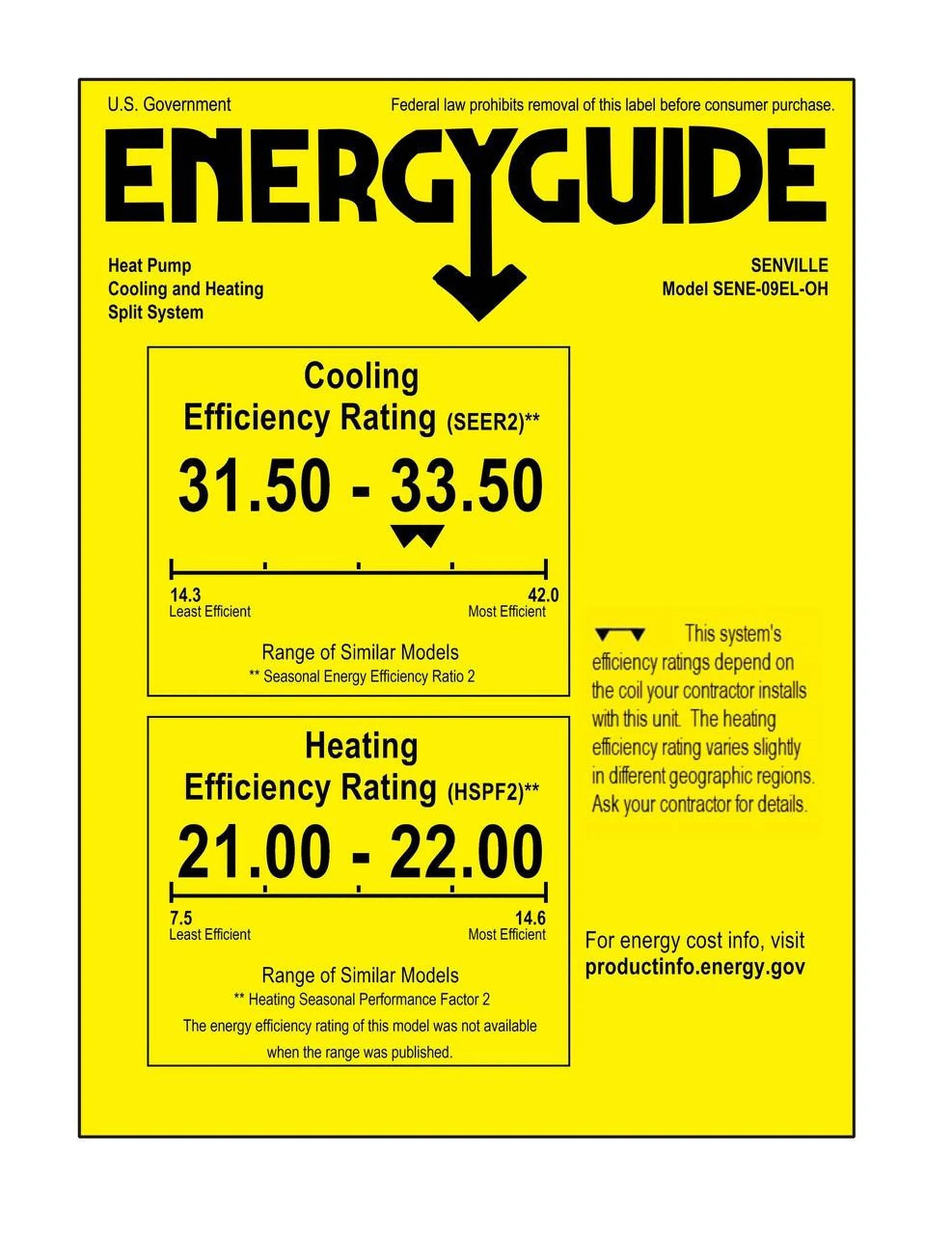 Yellow EnergyGuide label for heat pump cooling and heating efficiency ratings