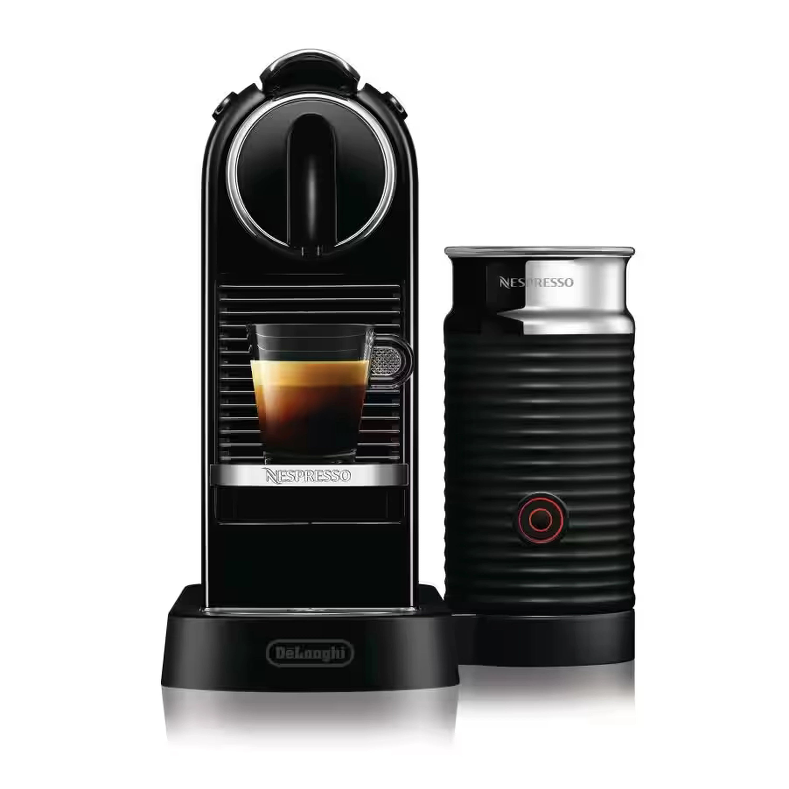 Black Nespresso Citiz capsule espresso machine with open cup holder and froth spout