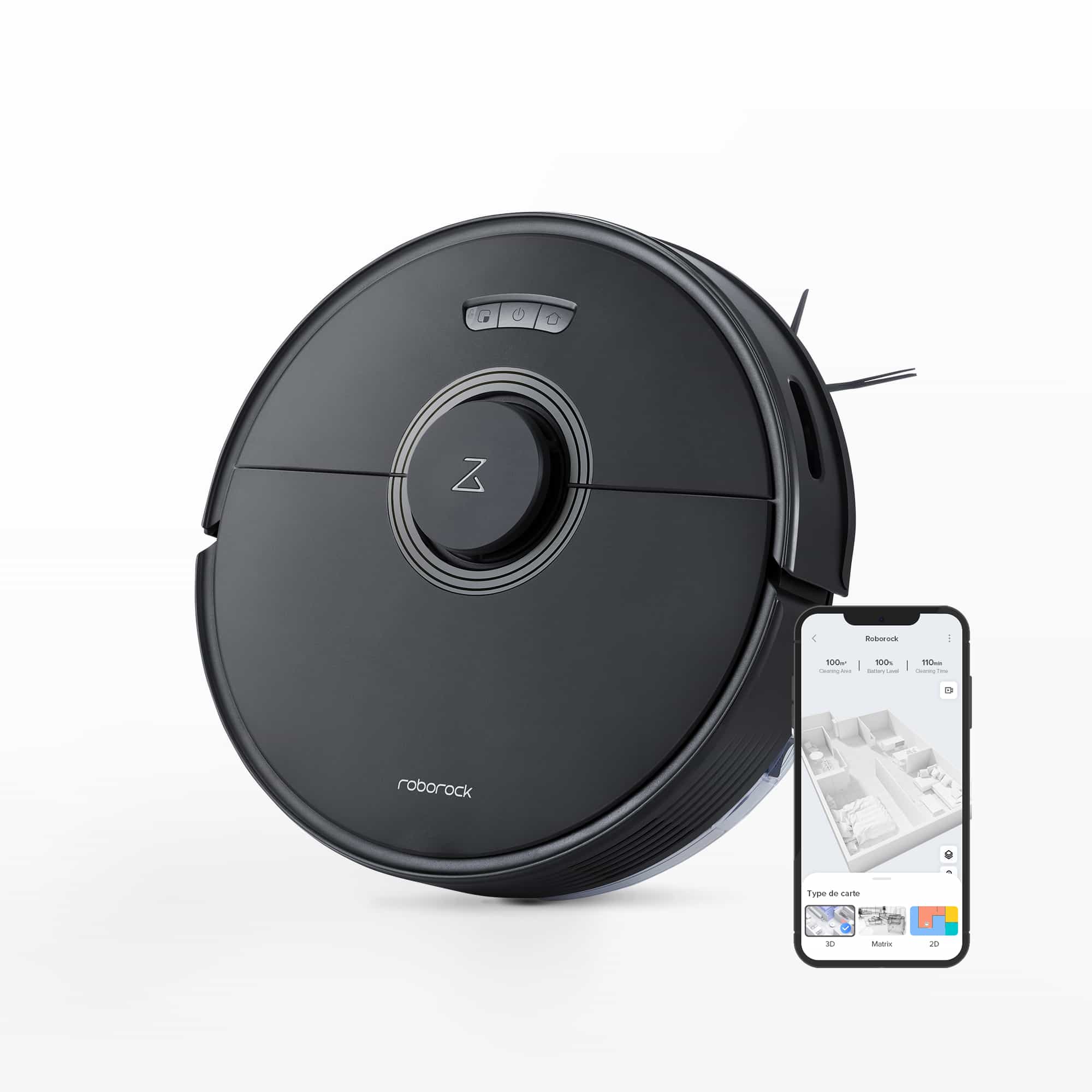 Black Roborock robot vacuum and mop with auto-empty dock, with smartphone display