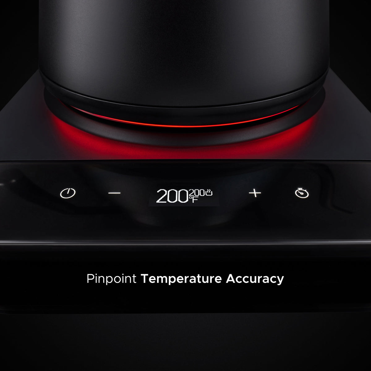 Matte black electric gooseneck kettle base with red heating ring and 200°F temperature display