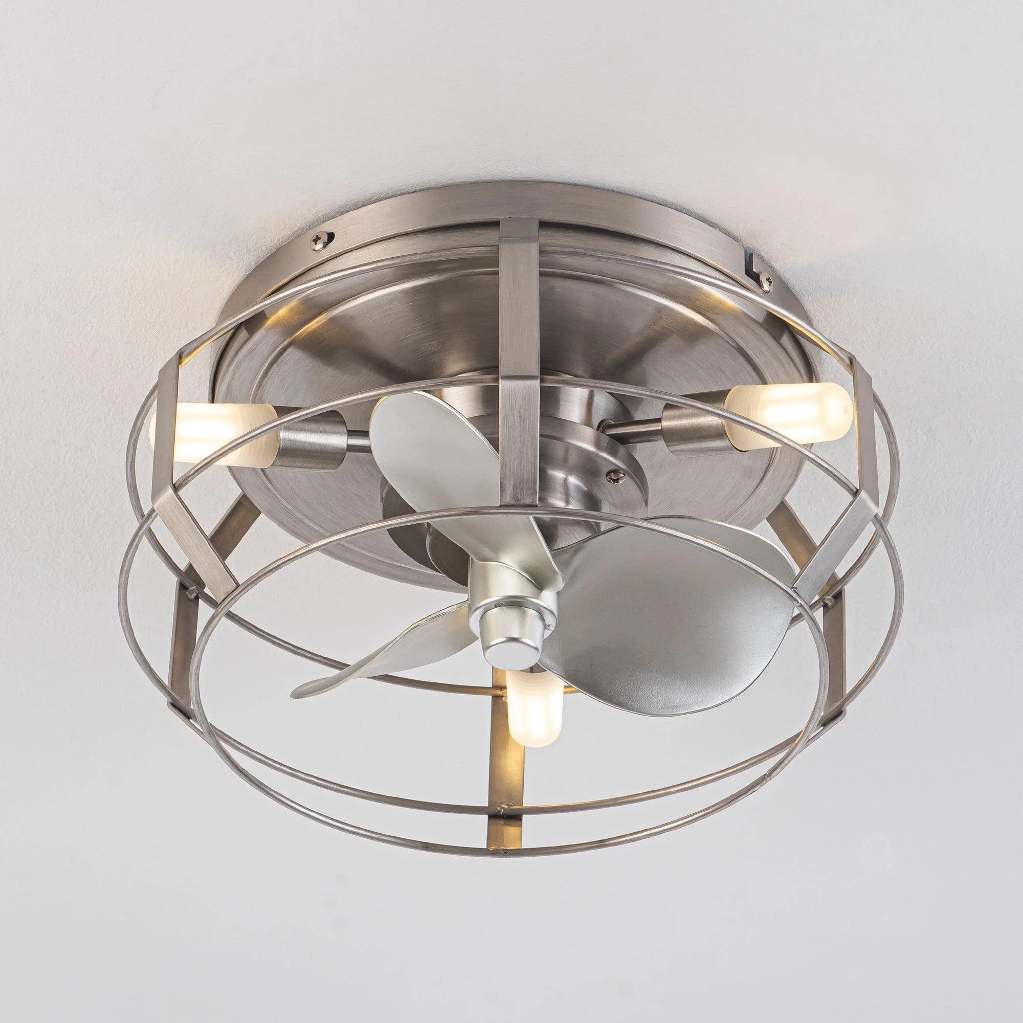 Satin nickel caged ceiling fan with lit bulbs and sculpted fan blades