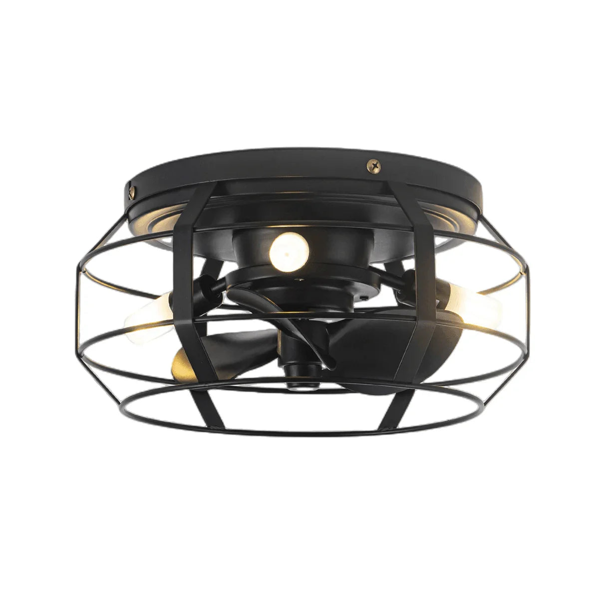 Black caged flush-mount ceiling fan with integrated light and exposed bulbs