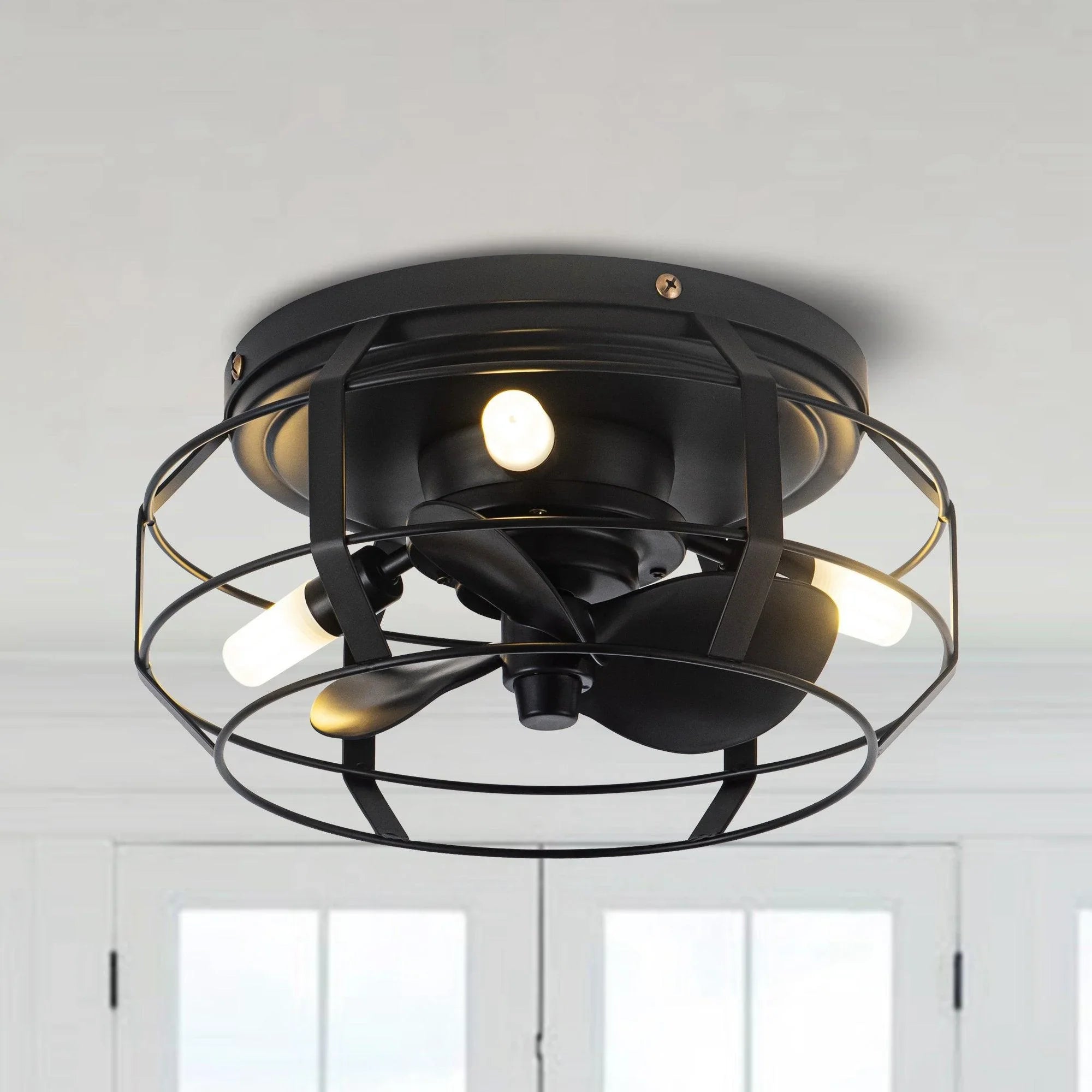 Black caged ceiling fan with integrated light, circular wire guard frame