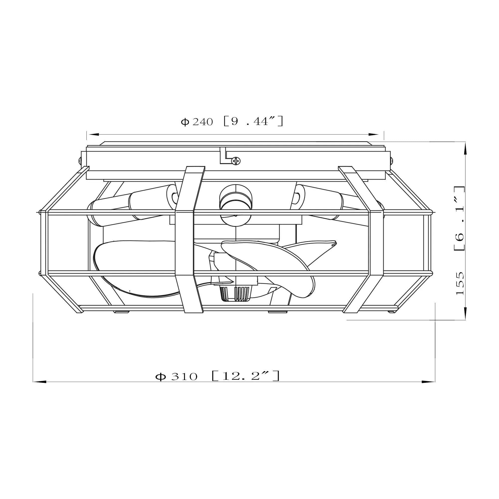 Low-profile caged ceiling fan with integrated light, flush-mount design (diagram)