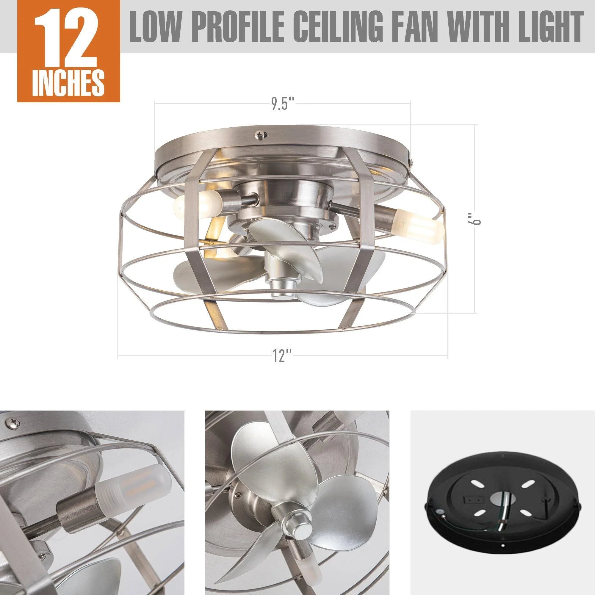 Low-profile caged ceiling fan with light and remote, satin nickel finish