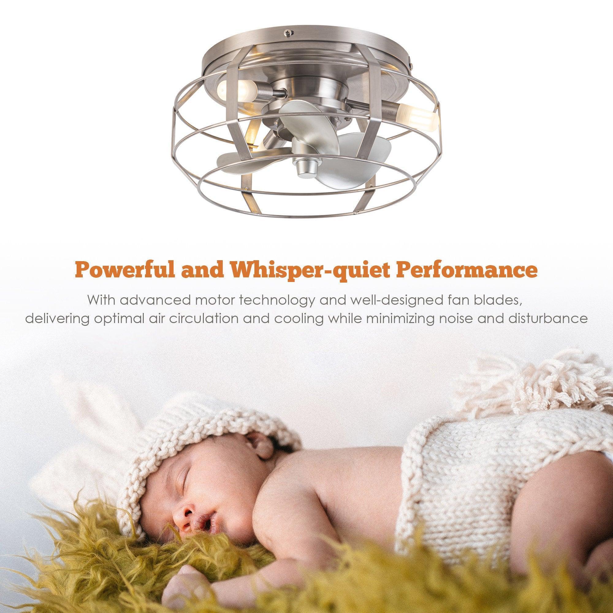 Satin nickel caged flush-mount ceiling fan with integrated light