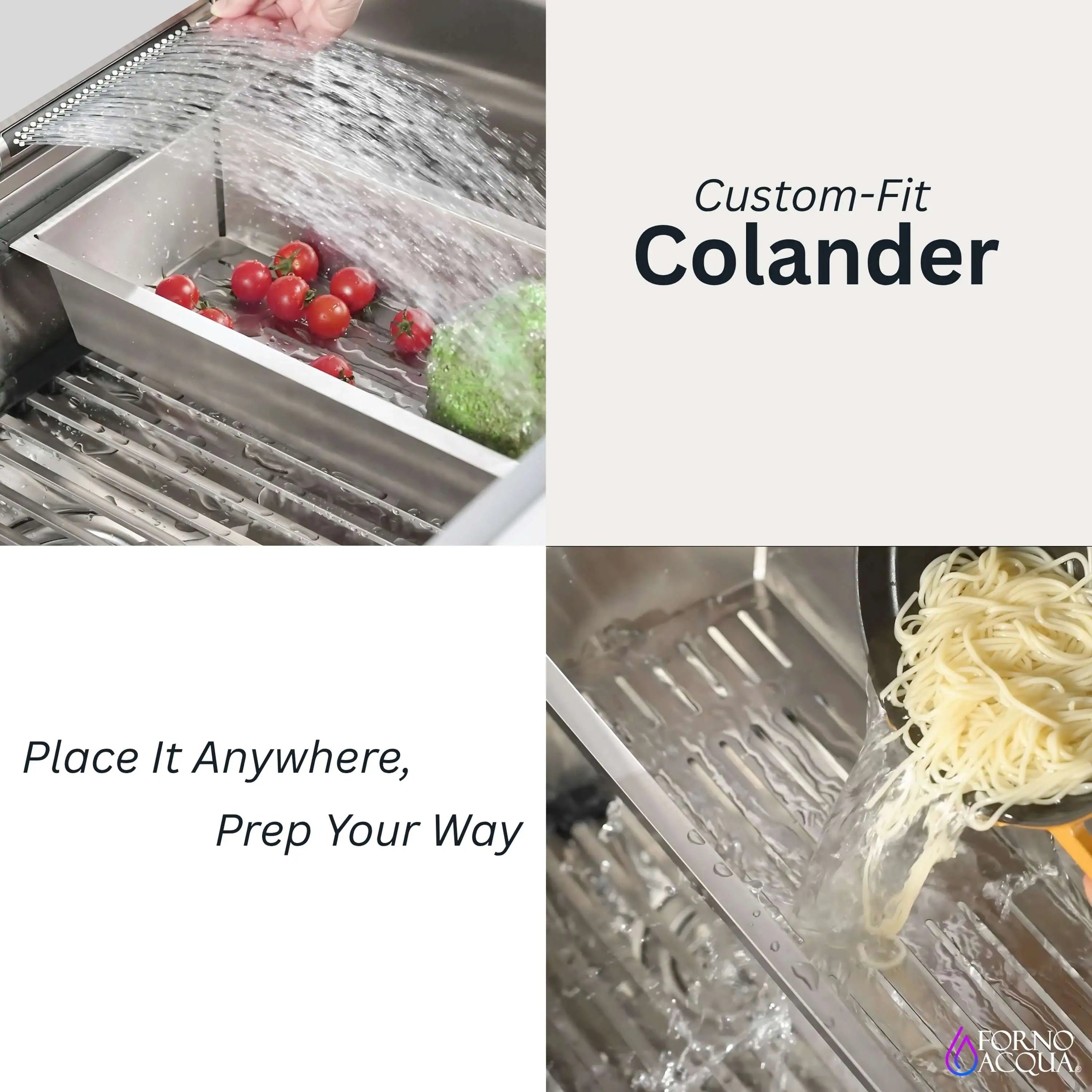 Stainless steel workstation sink with waterfall faucet and colander insert