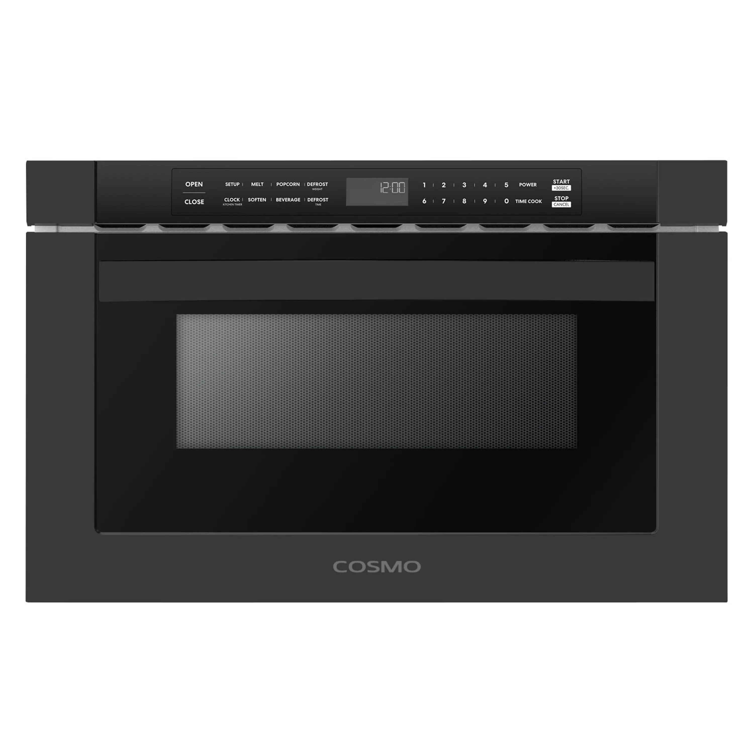 Built-in microwave drawer in matte black with digital control panel and closed door