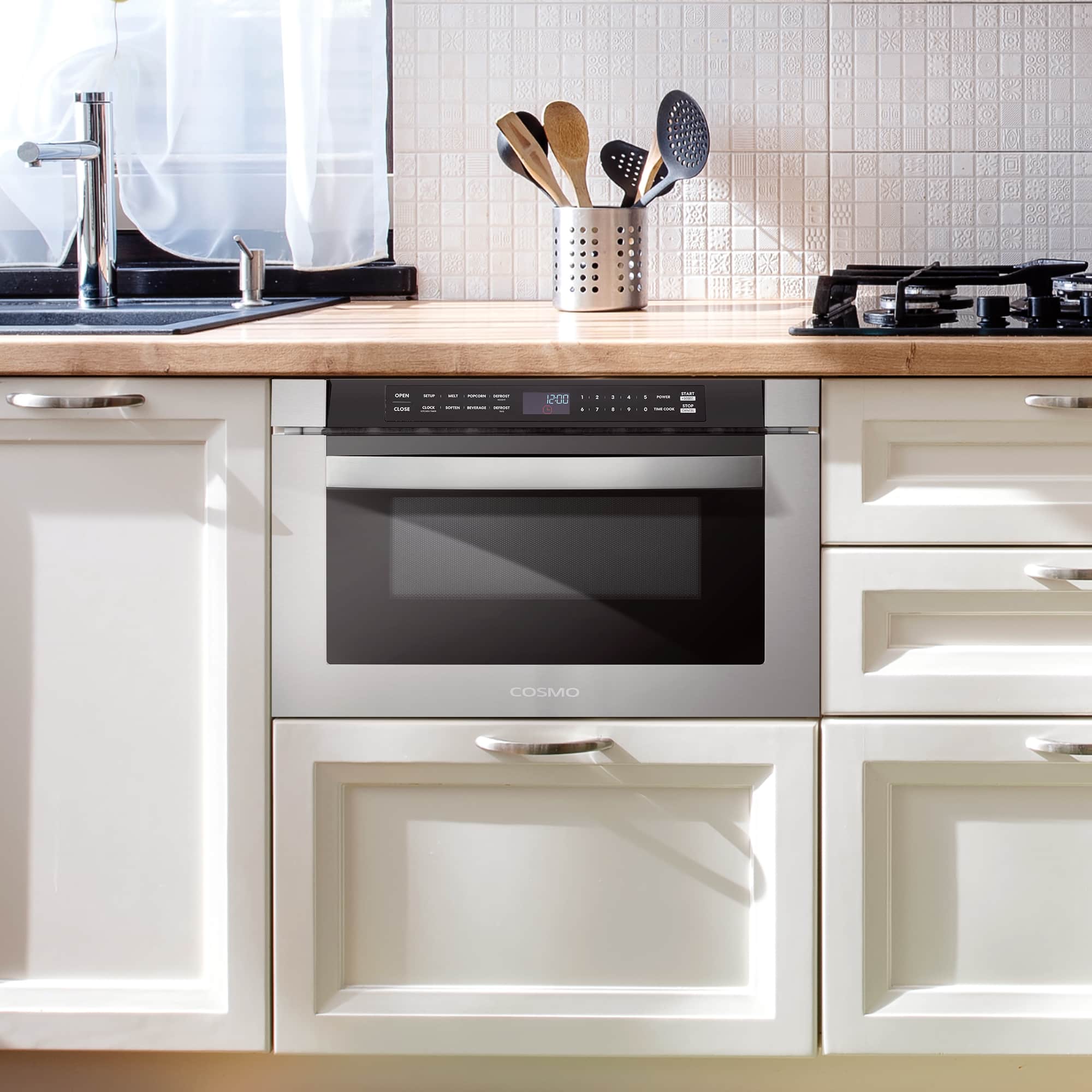 Stainless steel built-in microwave drawer with control panel and open door