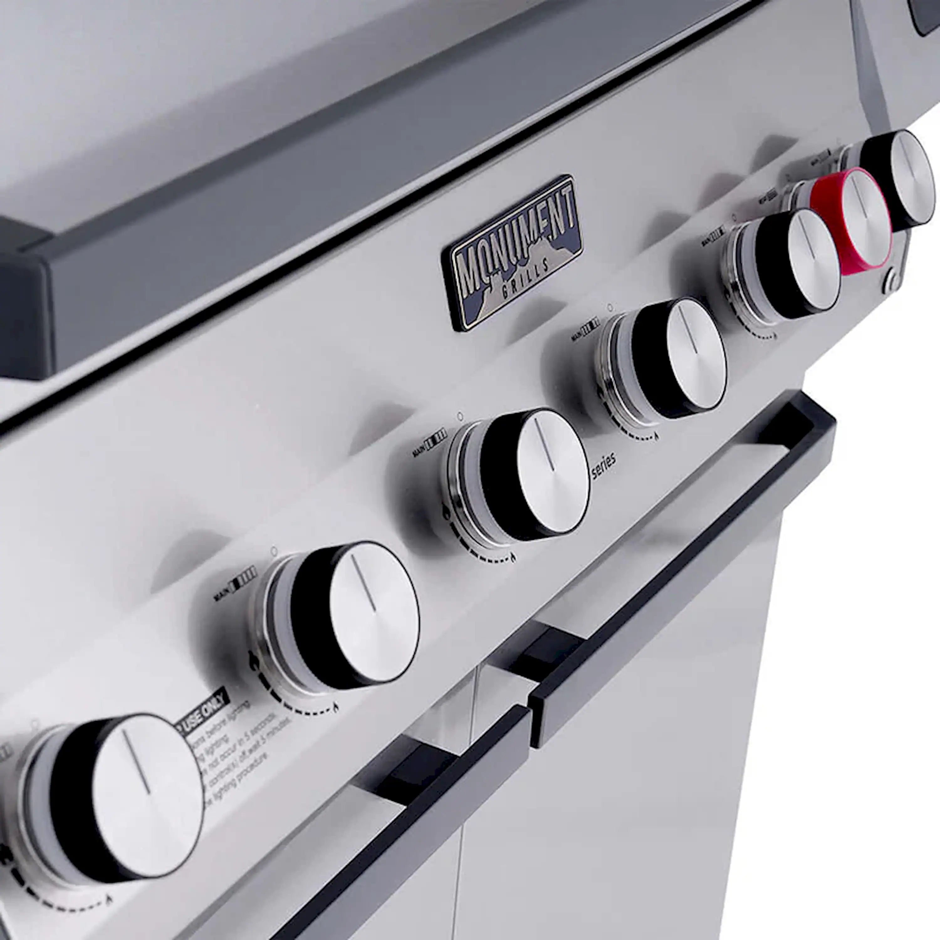 Stainless steel gas grill front burner knobs and logo badge