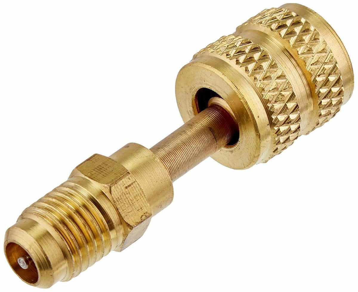 Brass R410A SAE adapter, 1/4-in to 5/16-in; knurled grip, threaded ends