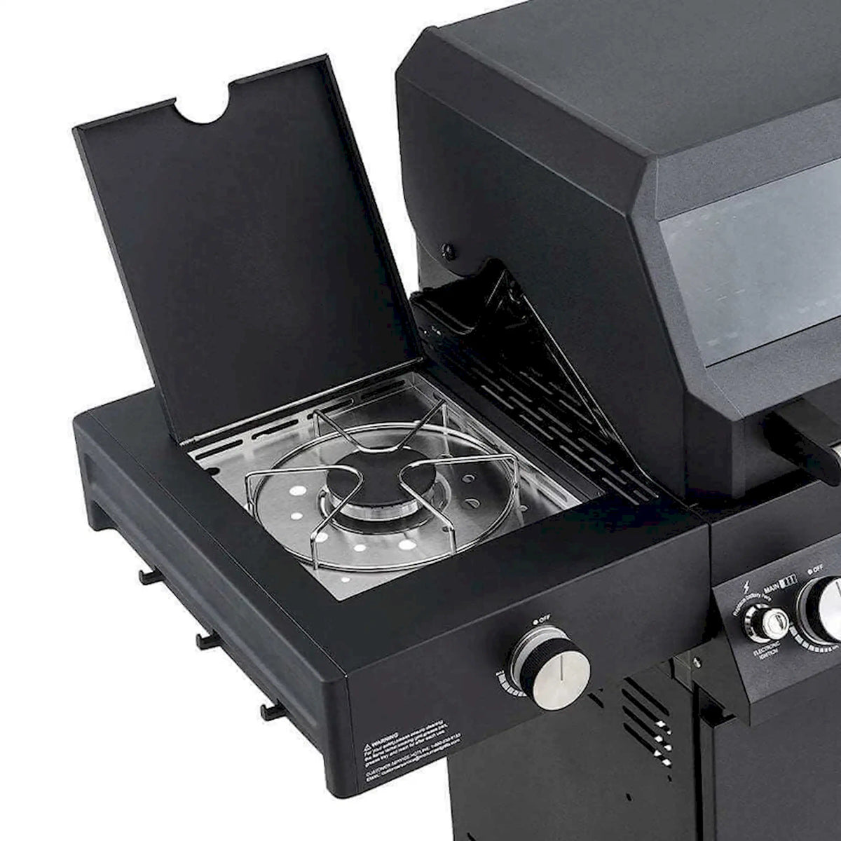 Black propane gas grill with open lid and four-burner cooking area