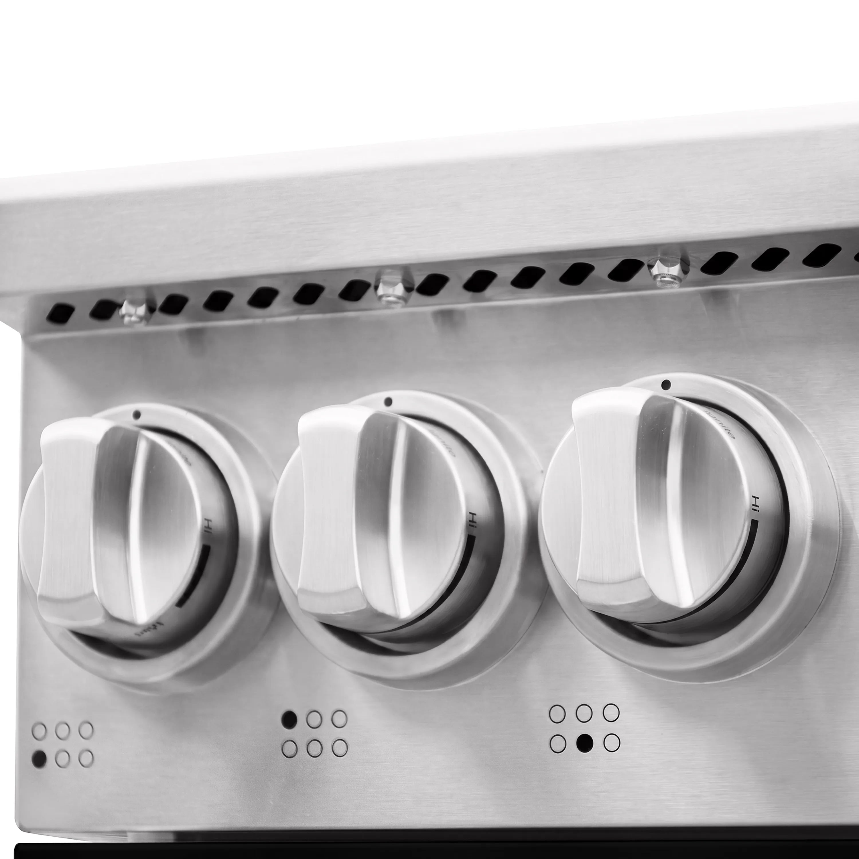 Stainless control panel with three large knobs and burner settings