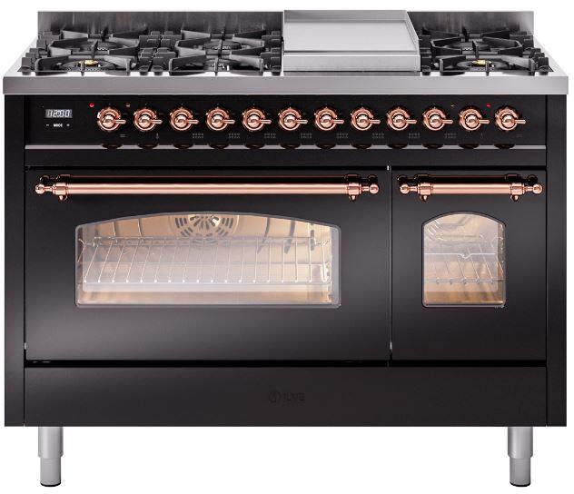 Black dual-fuel range front with gas burners, control knobs, and oven windows