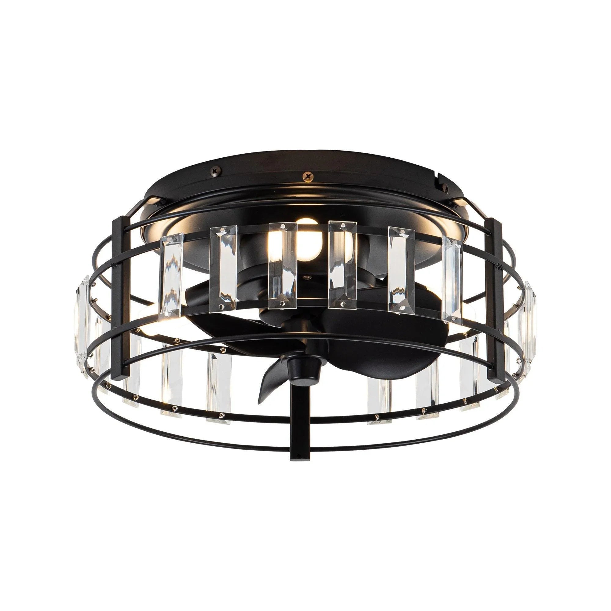 Black flush-mount ceiling fan with clear crystal drum housing and lit bulbs