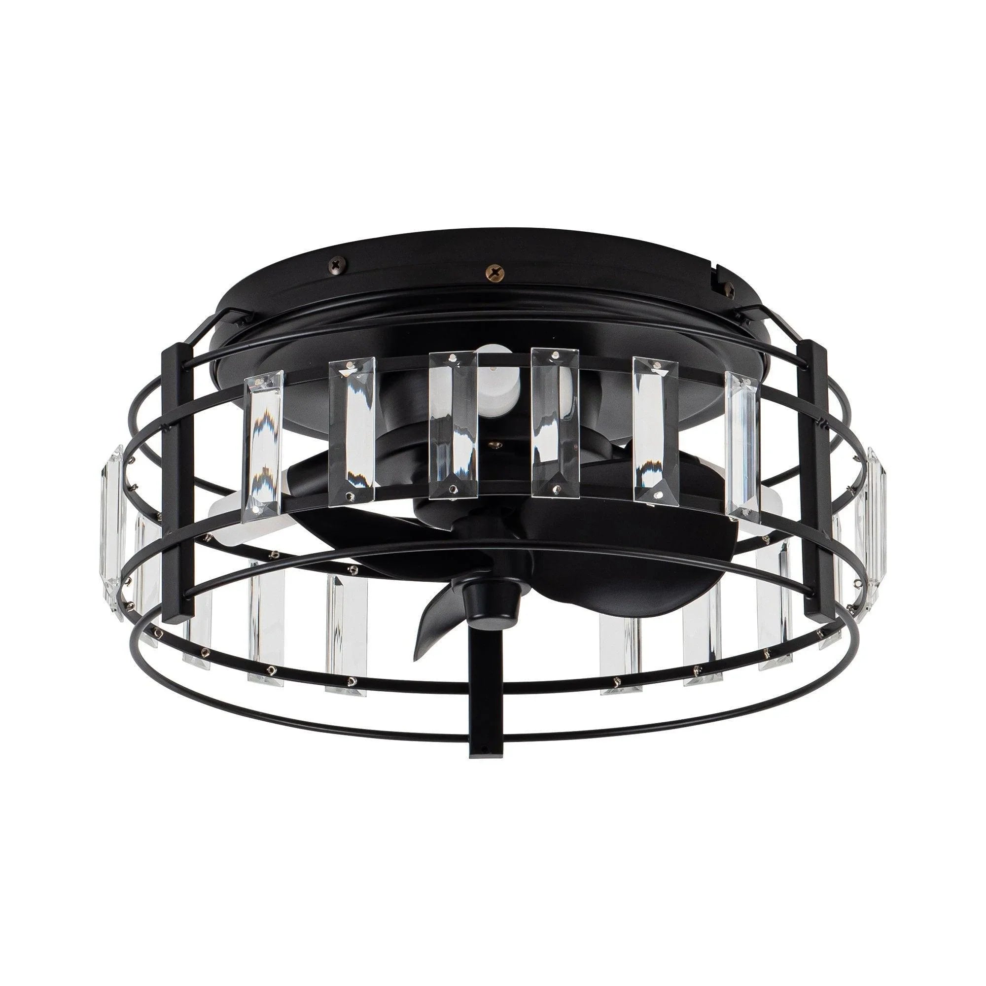 Black flush-mount ceiling fan with clear crystal glass and dark center hub