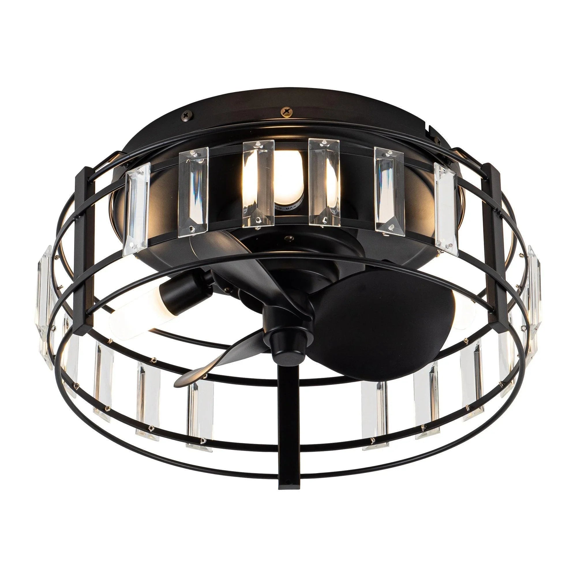 Black flush mount ceiling fan with crystal glass shades and integrated light ring