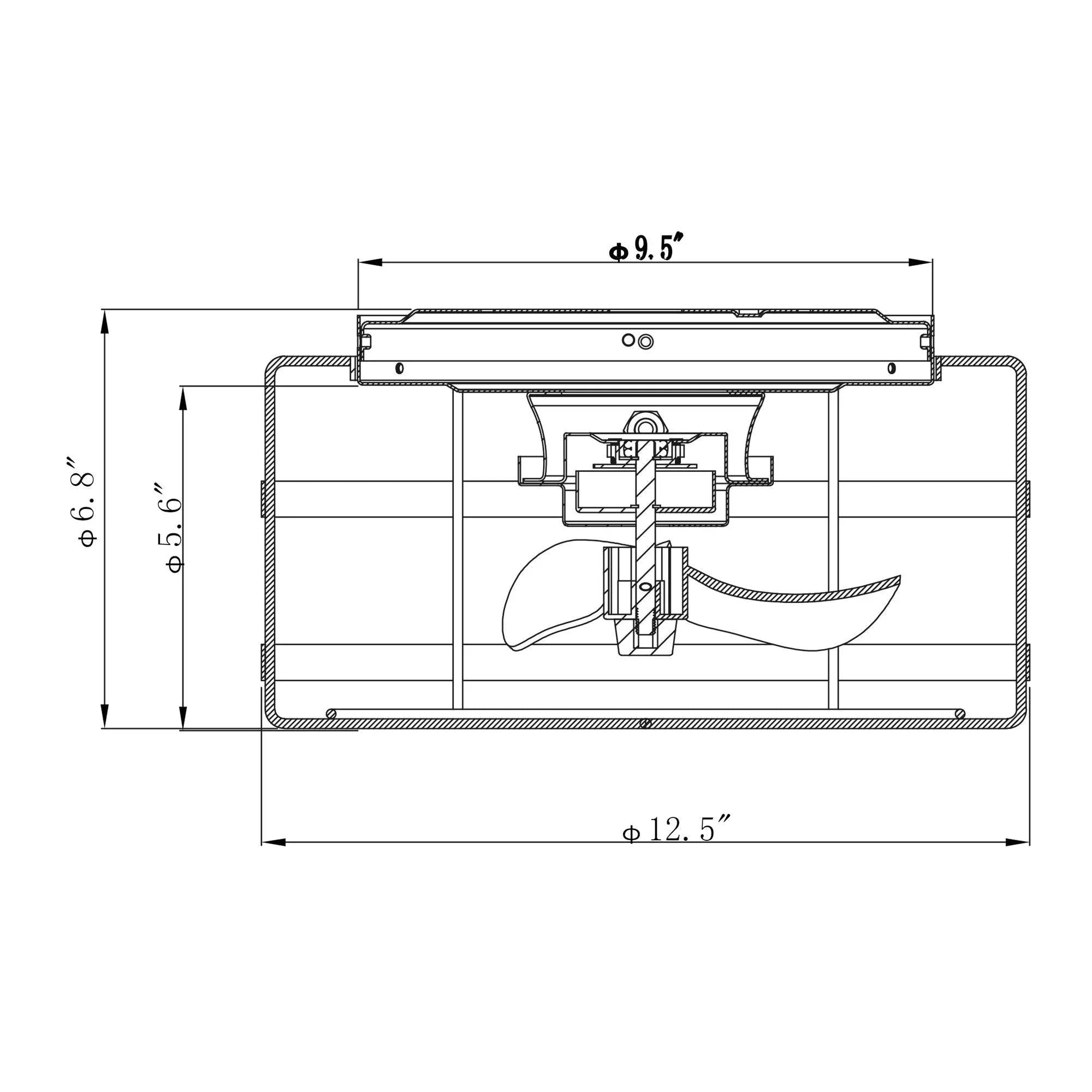Black flush-mount ceiling fan with integrated light, shown in cutaway diagram