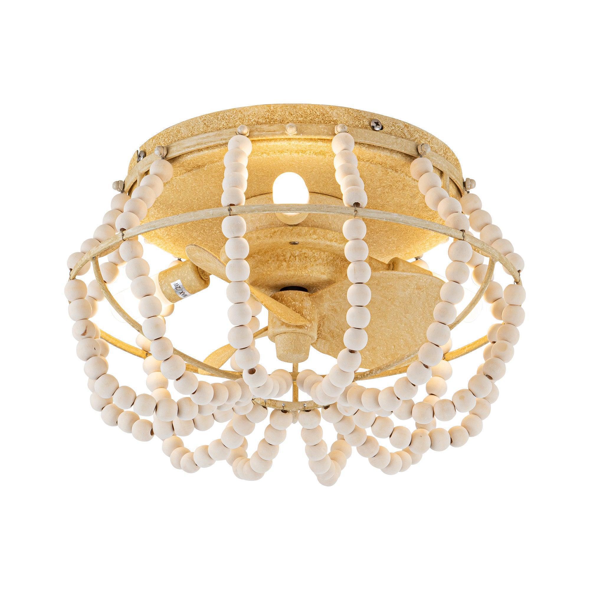 Beige flush-mount ceiling fan with light and sculpted fan blades with beaded edging
