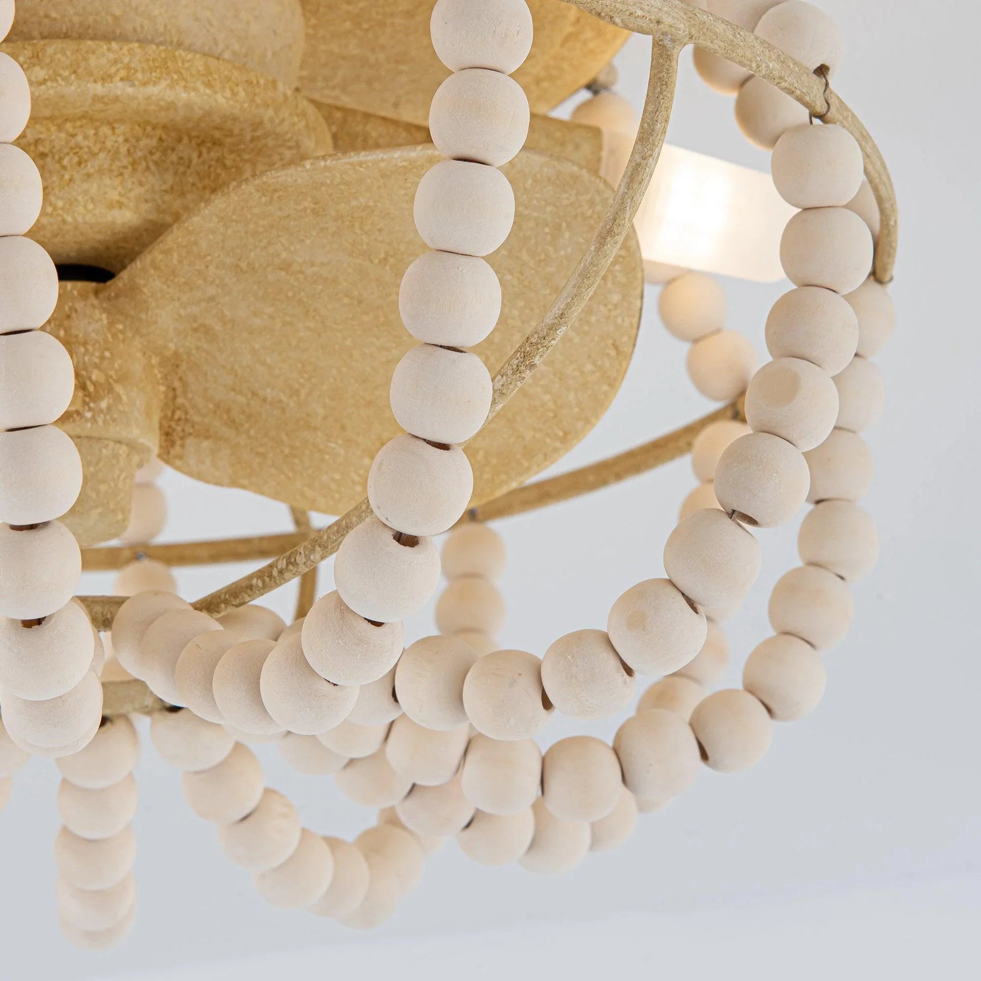 Close-up of white bead trim around beige flush mount ceiling fan lighting