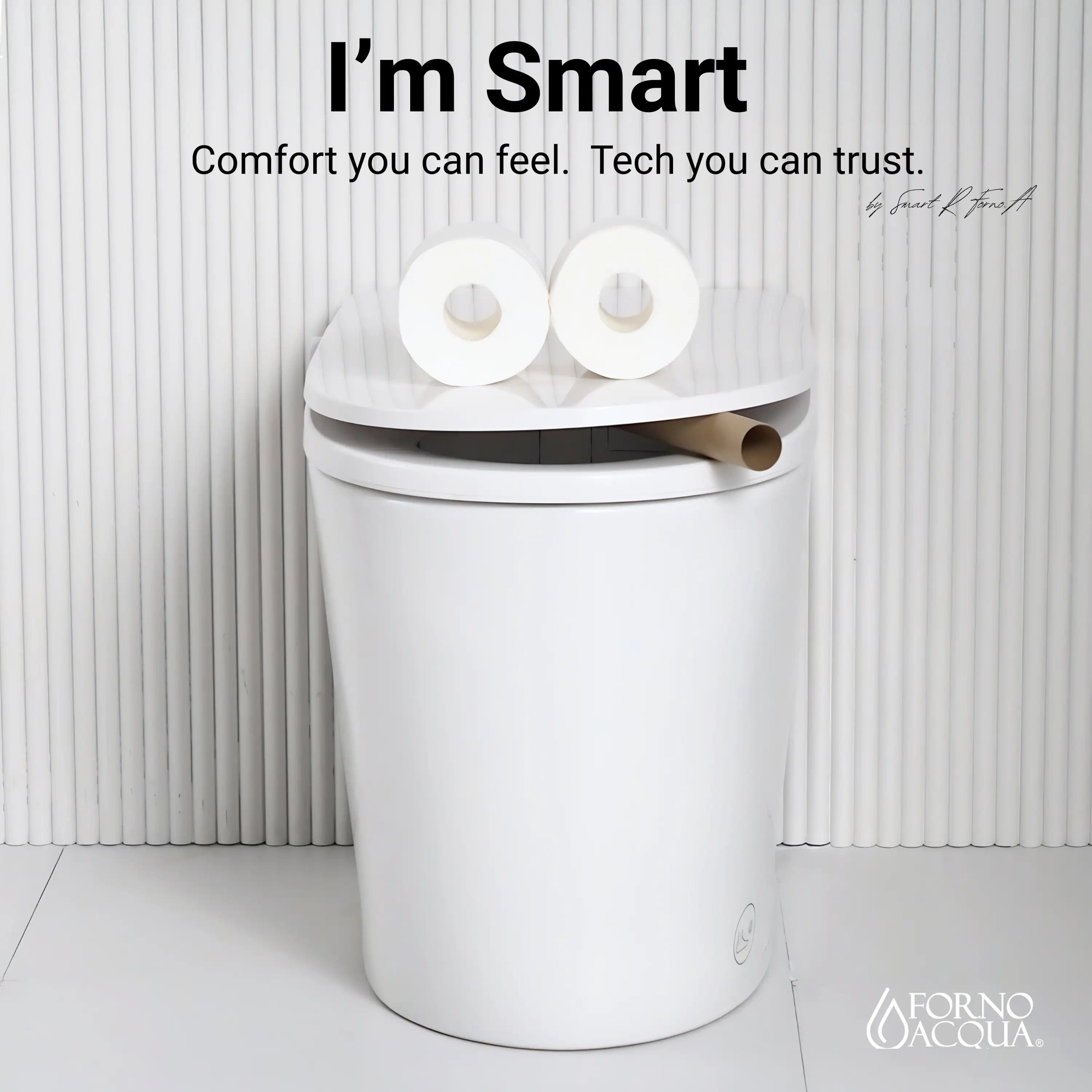 White smart toilet with raised seat cover and two front control buttons