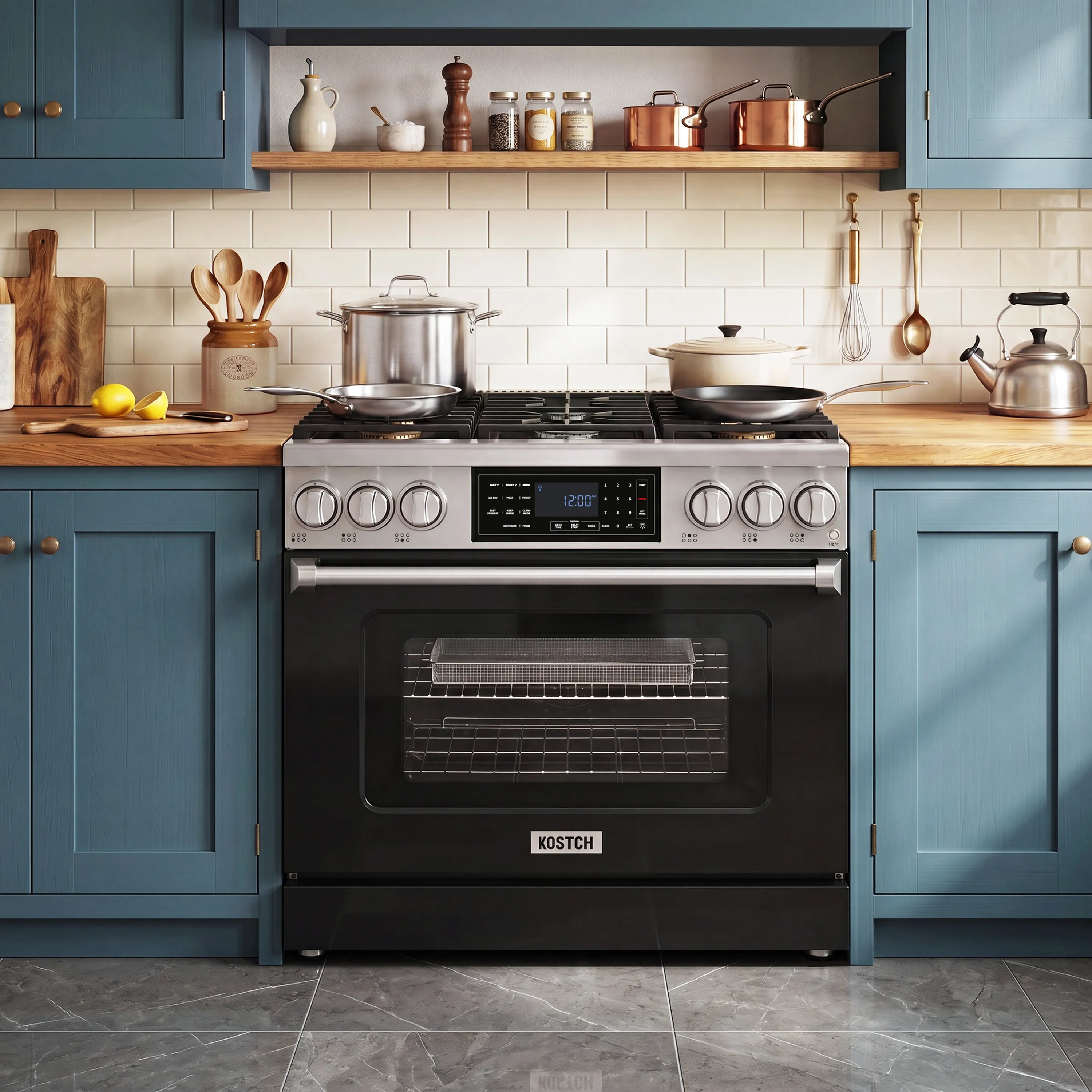 Black and stainless gas range centered in a kitchen with cabinet and backsplash