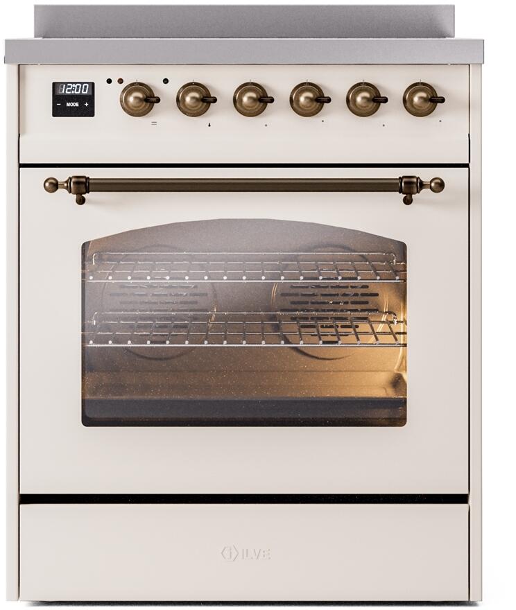 Freestanding electric induction range in antique white with bronze control knobs and oven window