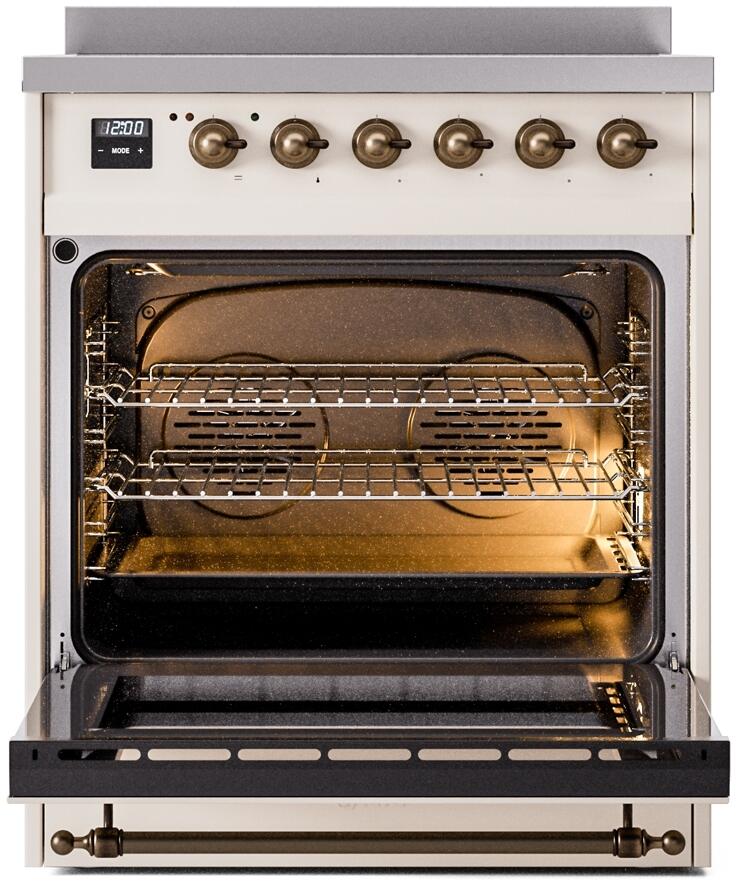 Freestanding induction electric range with open oven door, racks, and interior bake surfaces