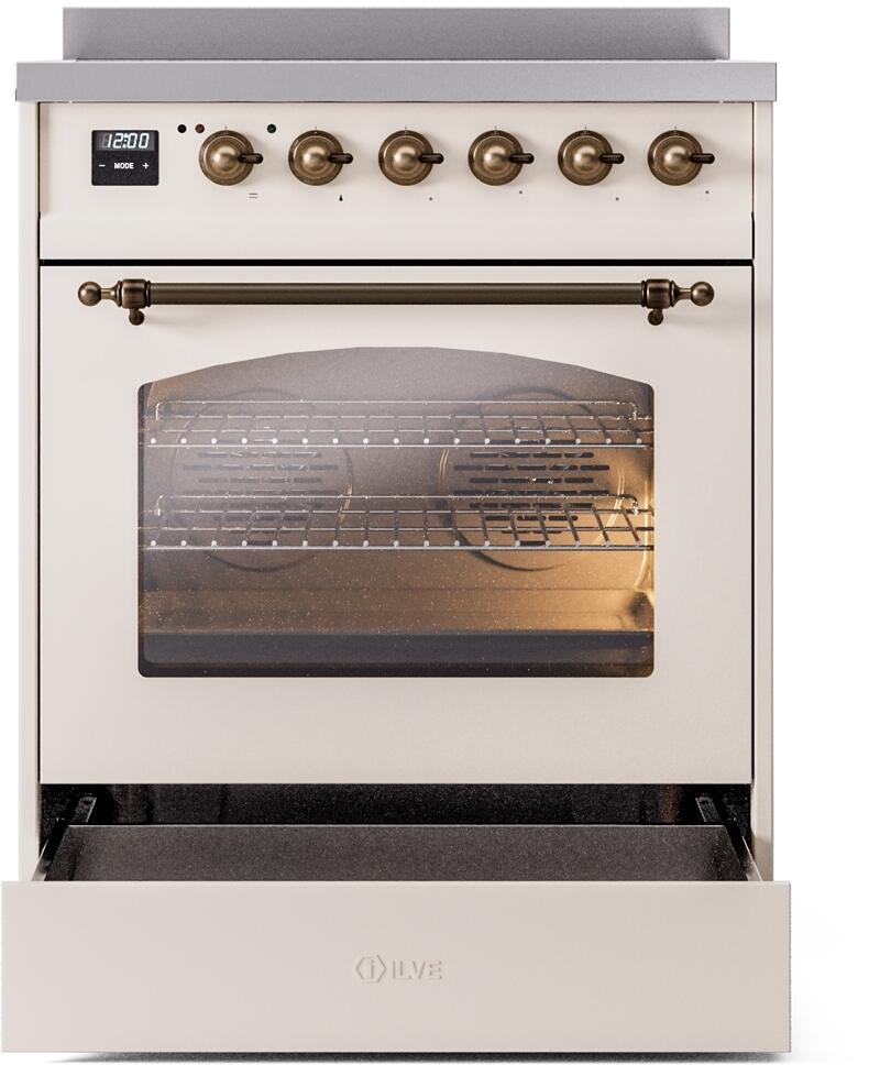 Freestanding induction electric range with oven window and bronze handle across the door