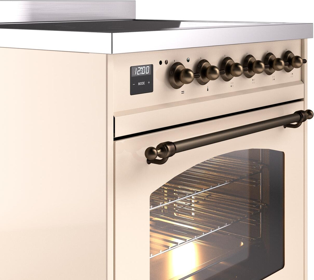 Freestanding induction range control panel with bronze knobs and oven door handle