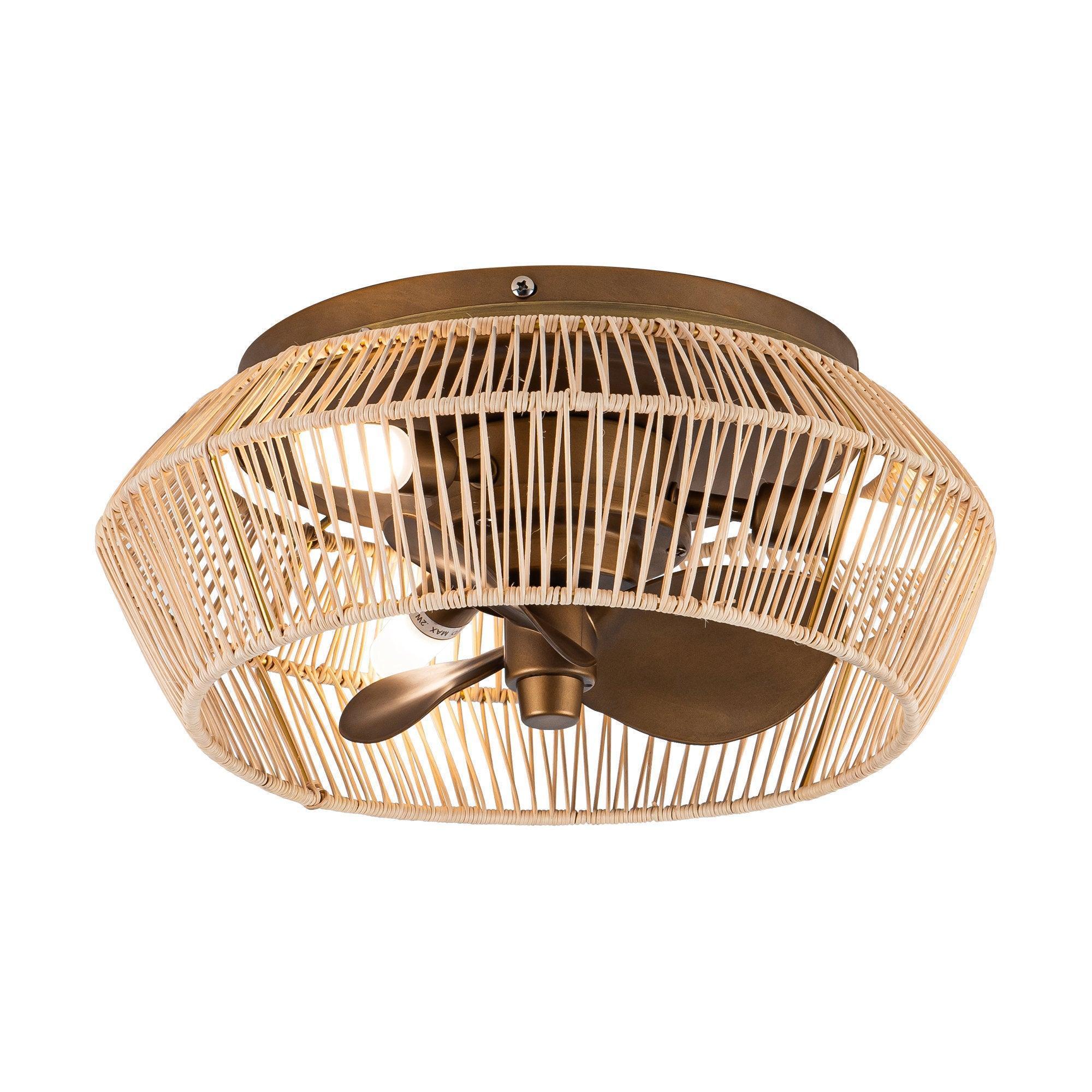 Golden rattan-style flush-mount ceiling fan with three dark blades and circular motor