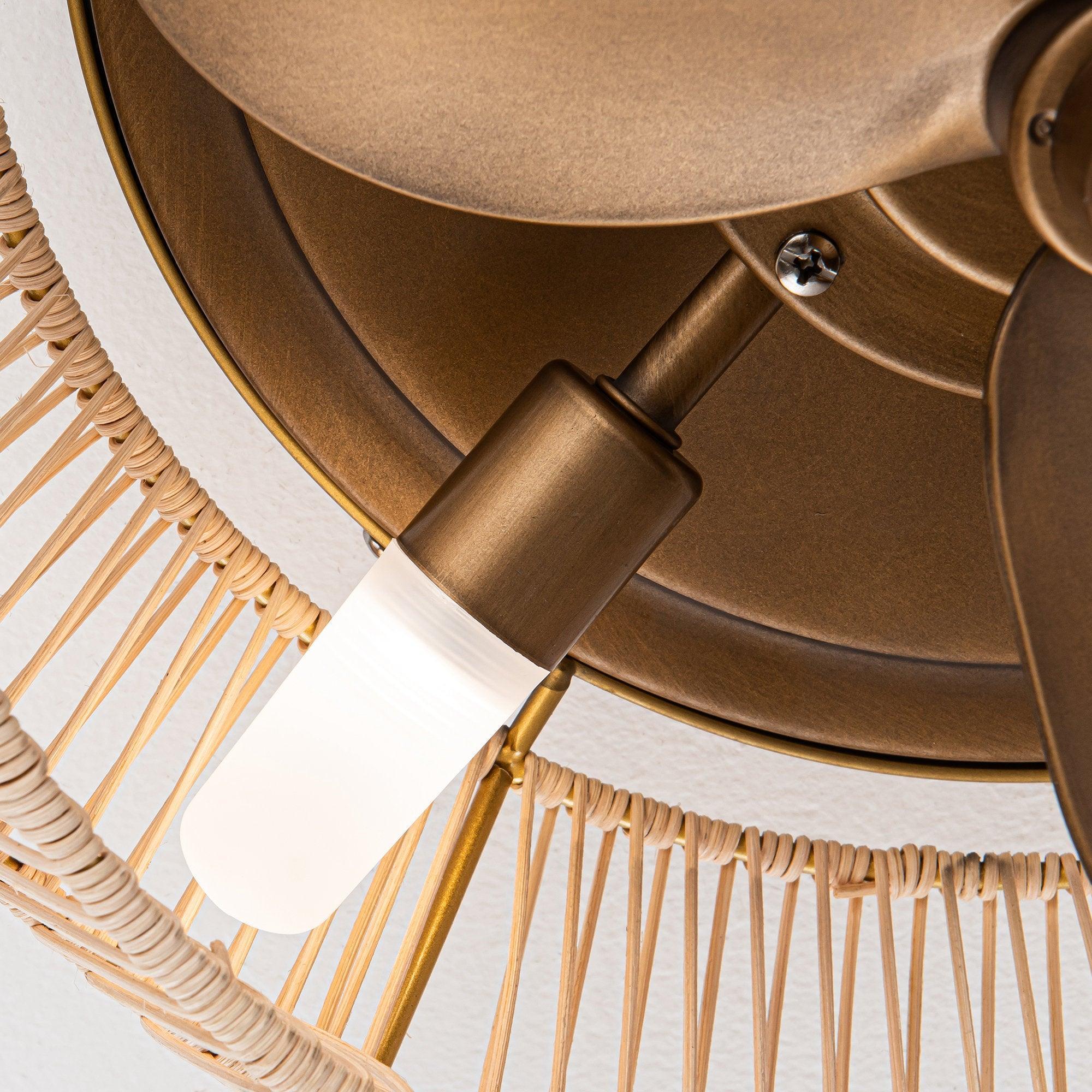 Golden ceiling fan downlight inside the cage with bronze-toned blade hub detail