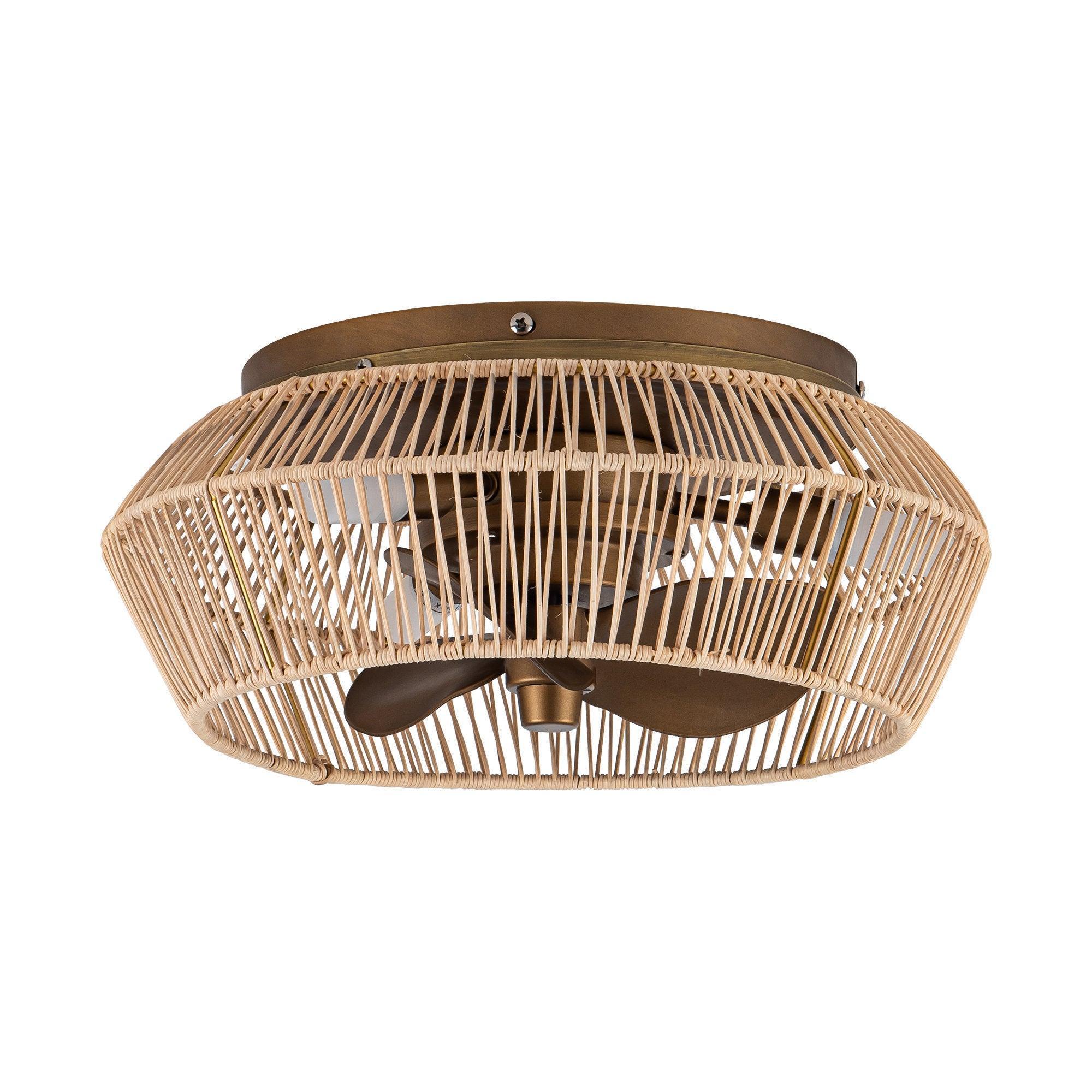 Golden rattan-style flush-mount ceiling fan with three dark blades and motor housing