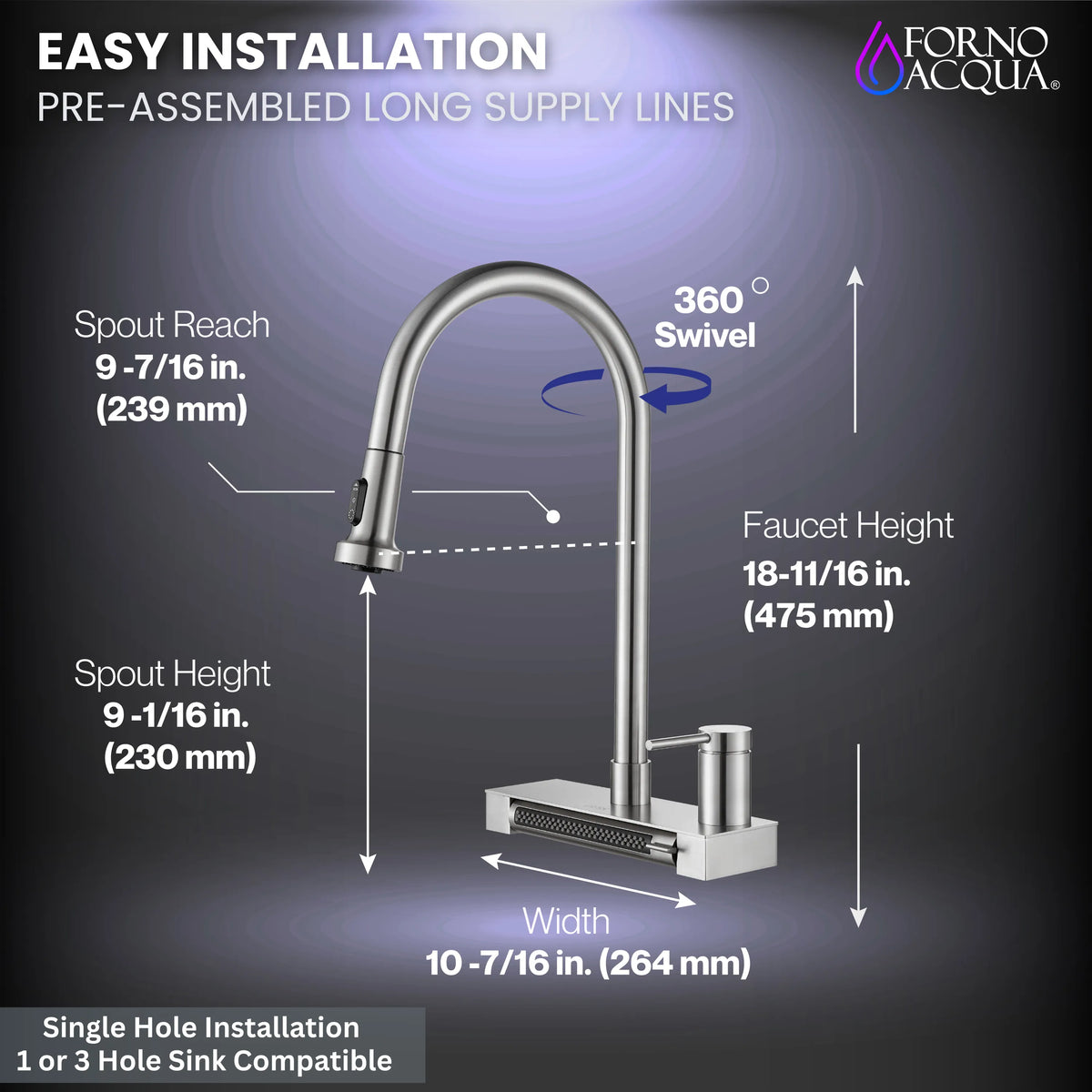 FORNO ACQUA 4 Function Waterfall Pull-Down Kitchen Faucet in Brushed Nickel (FCWRMBND1)