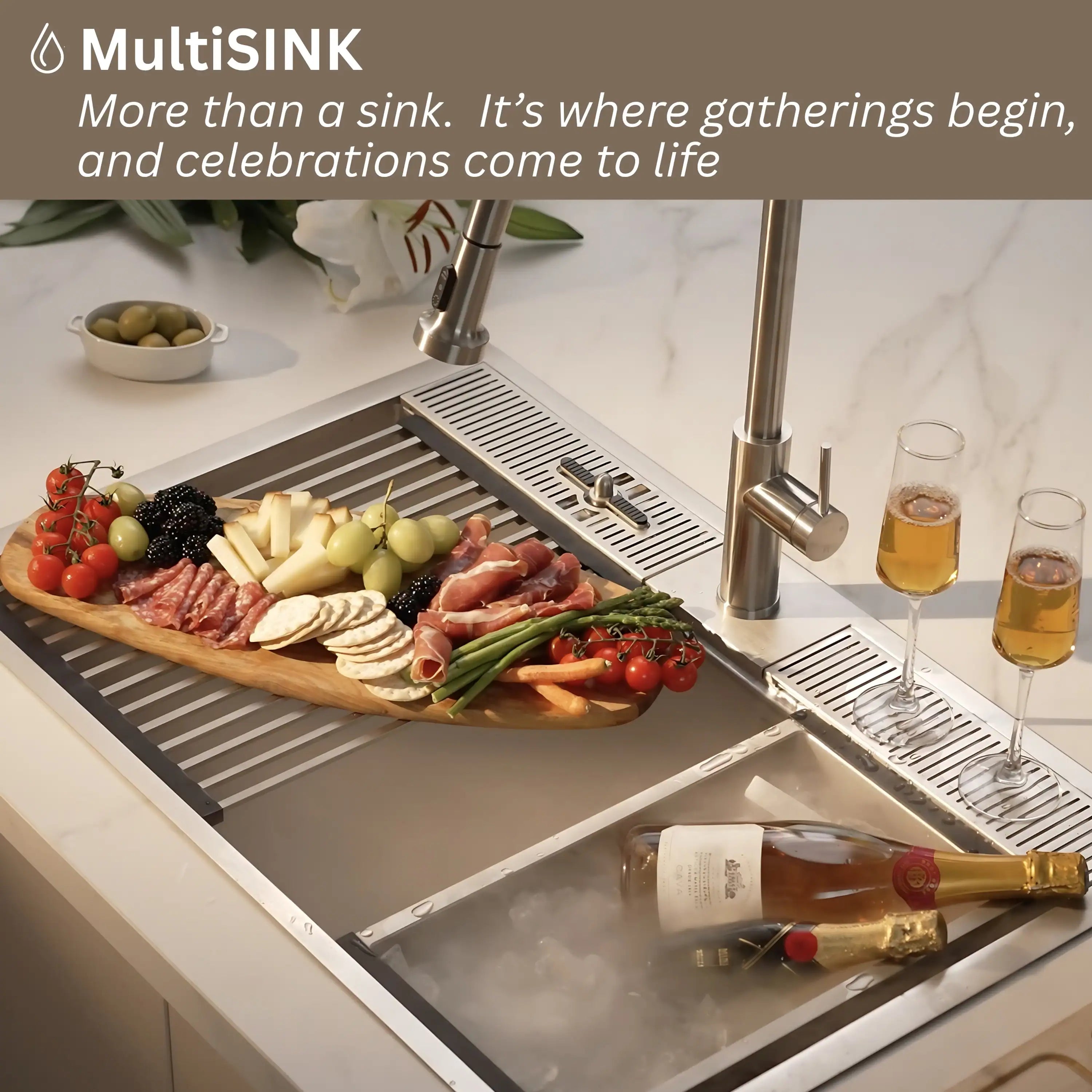 Stainless steel 3-level workstation sink with retractable faucet and rinse grids