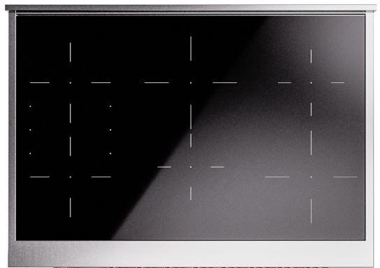 Burgundy electric induction range with glossy glass cooktop and control grid markings
