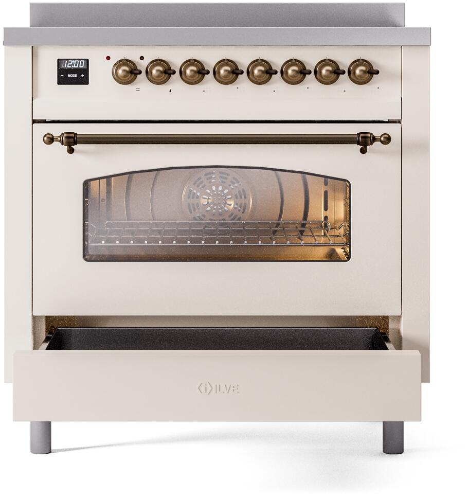 Electric induction range with bronze control knobs, oven window, and pull-out storage drawer