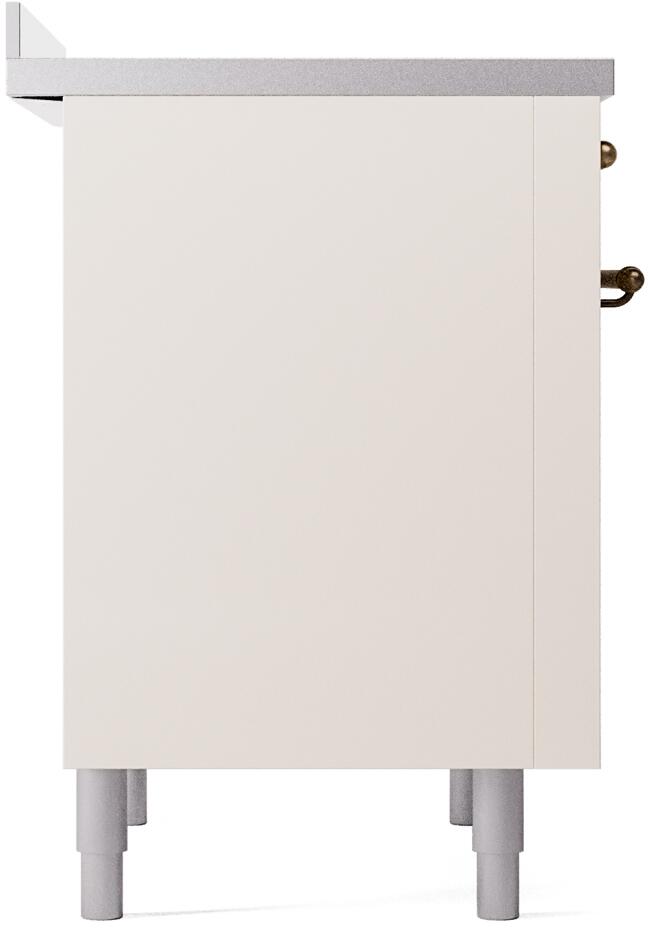 Antique white cabinet base with adjustable legs on a freestanding electric induction range