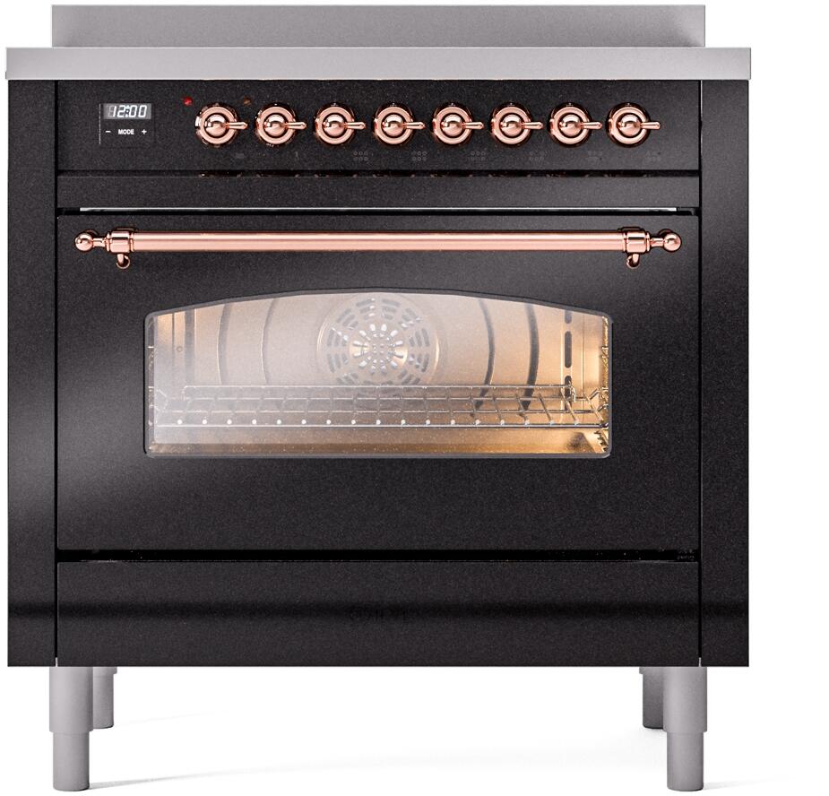 Freestanding induction range, black oven door with copper handle and lit window.