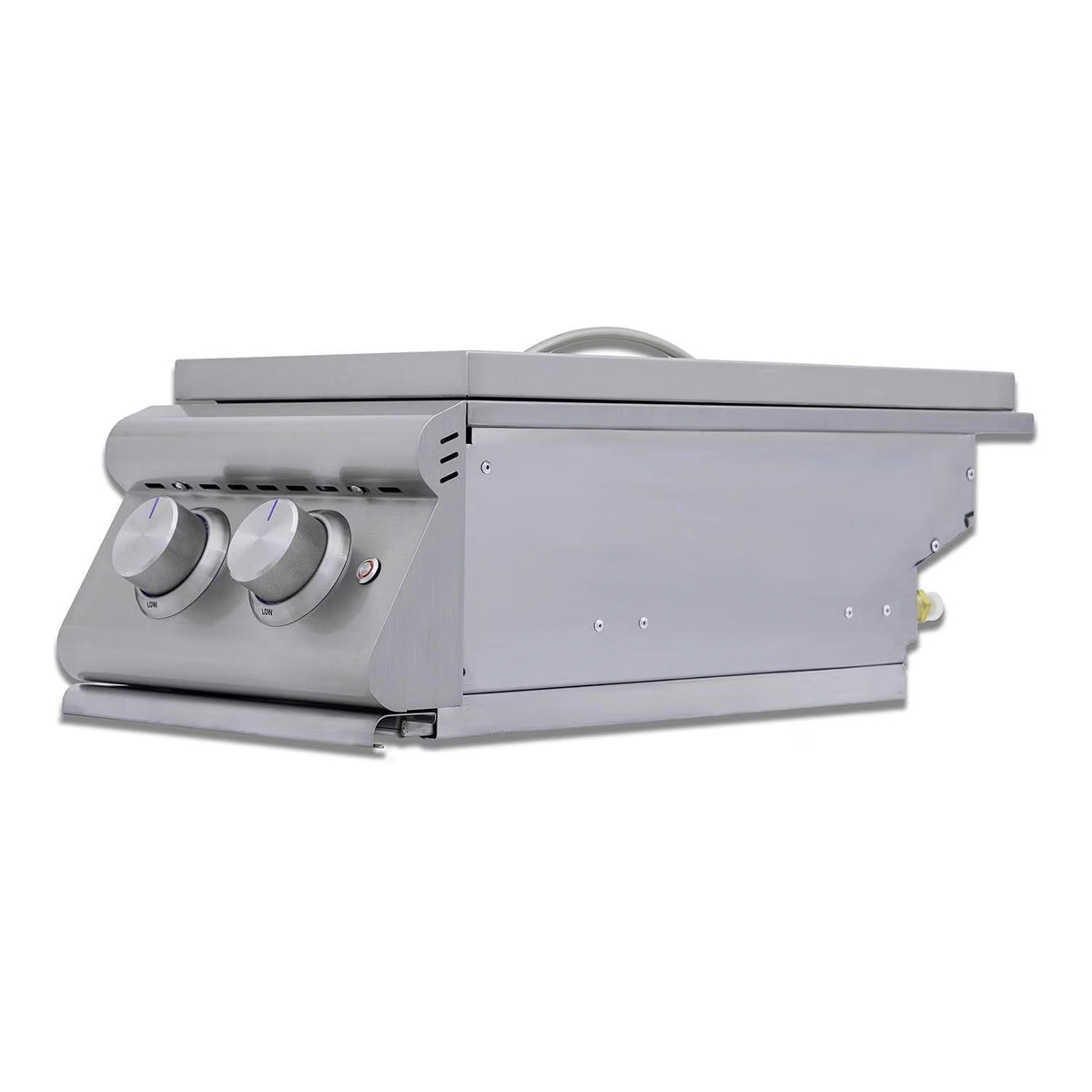 Stainless steel double side gas burner with lid open and side control knobs
