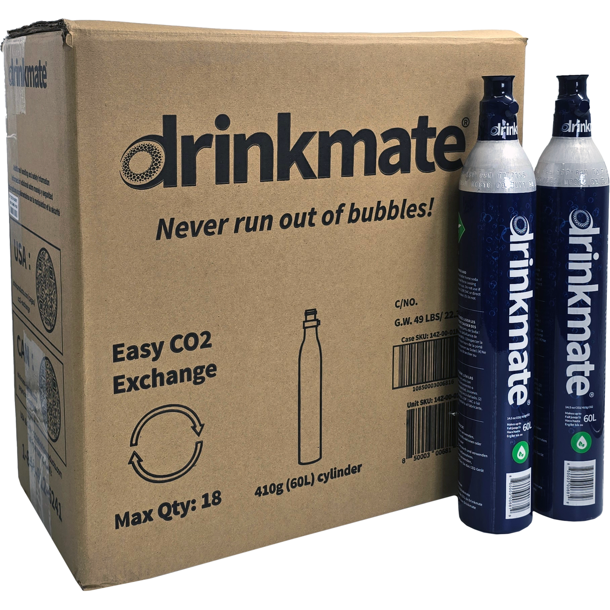 CO2 cylinder carton with two Drinkmate 60L cylinders in dark blue sleeves