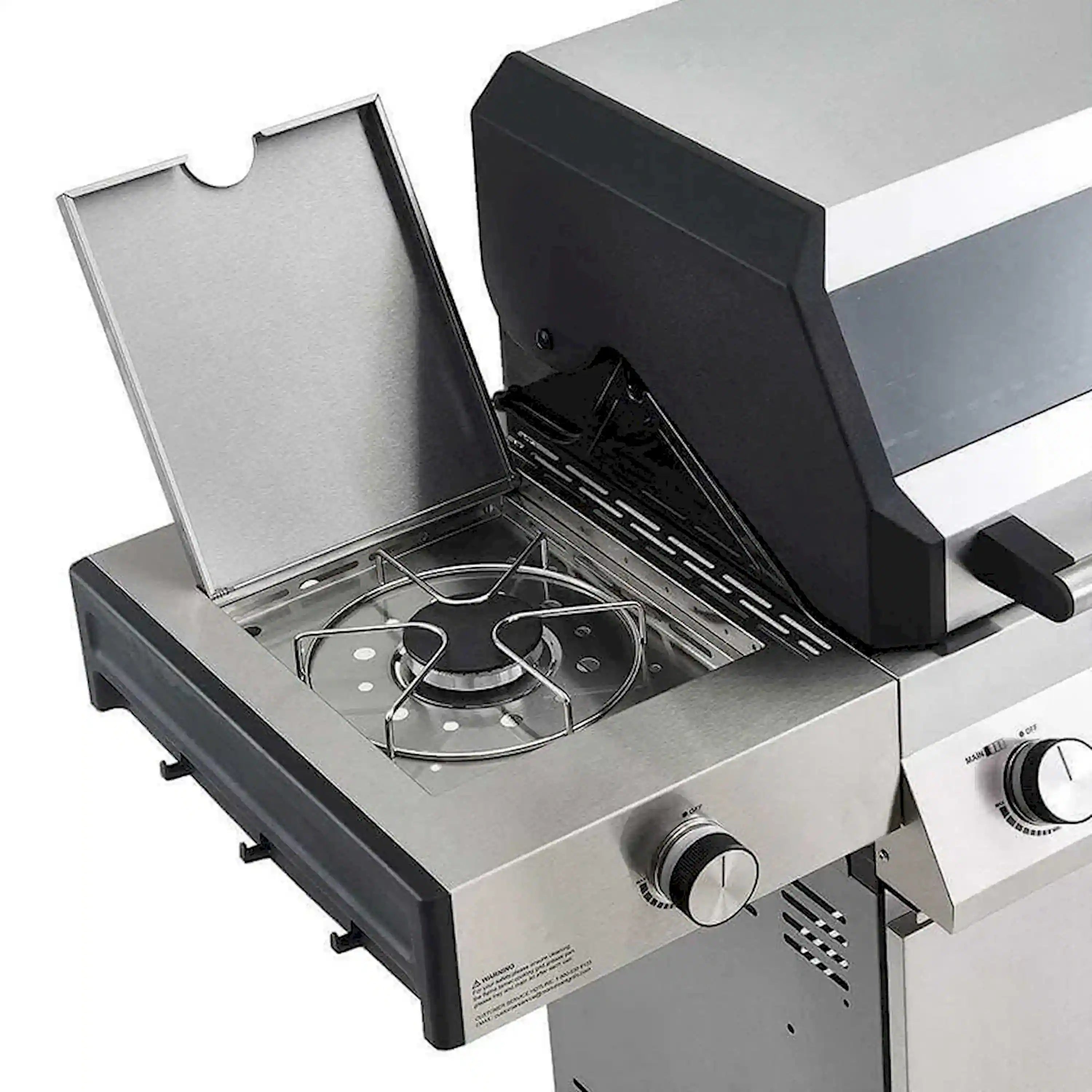 Stainless gas grill with open lid, burner area, and front control knob
